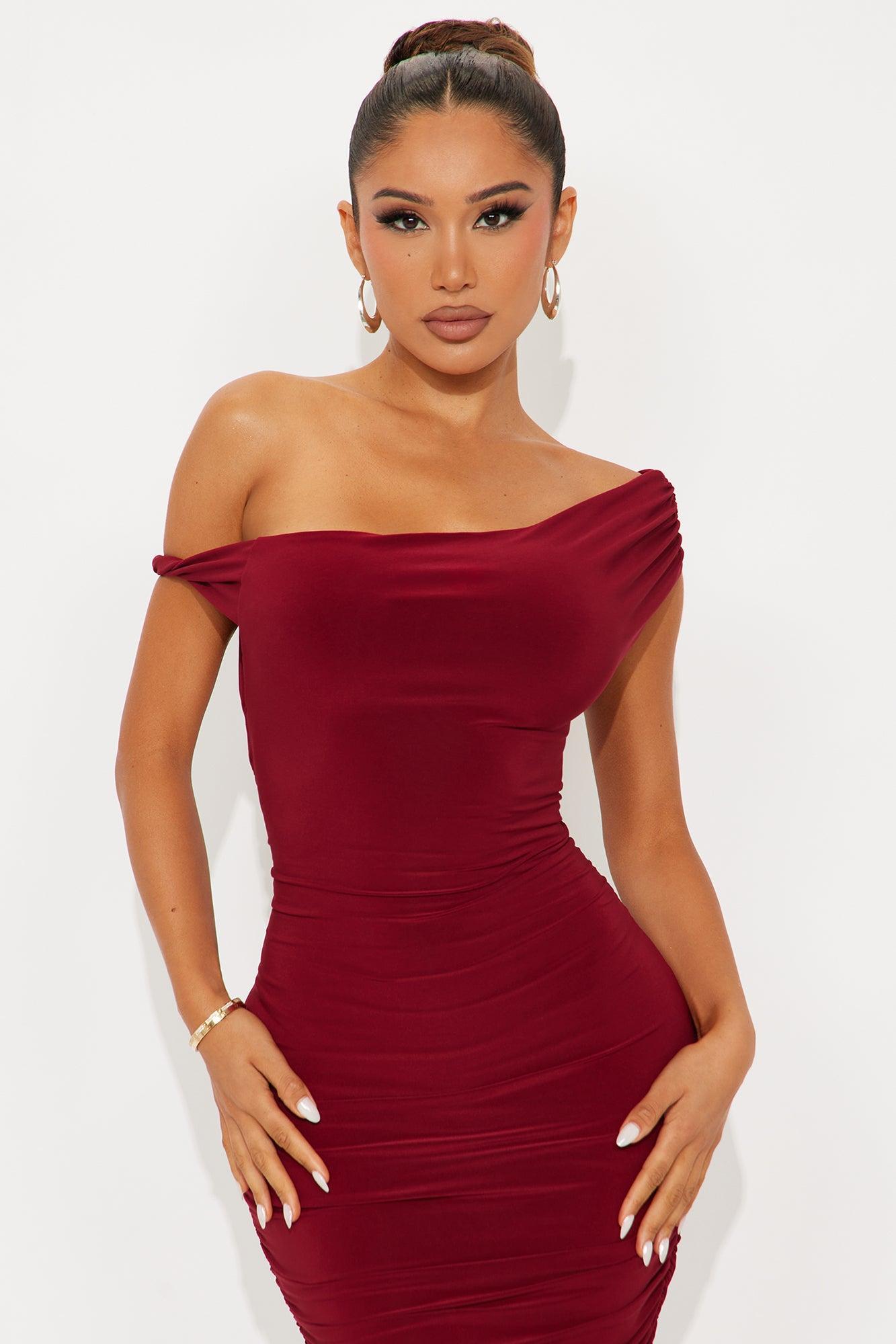 Blind Date One Shoulder Midi Dress - Wine Product Image