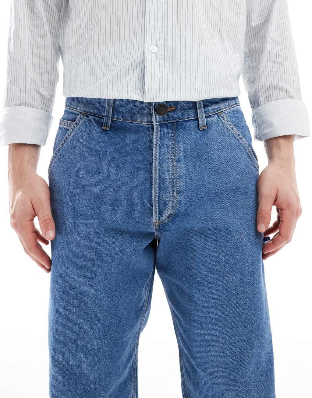 Jack & Jones Eddie loose carpenter jeans in mid wash blue Product Image