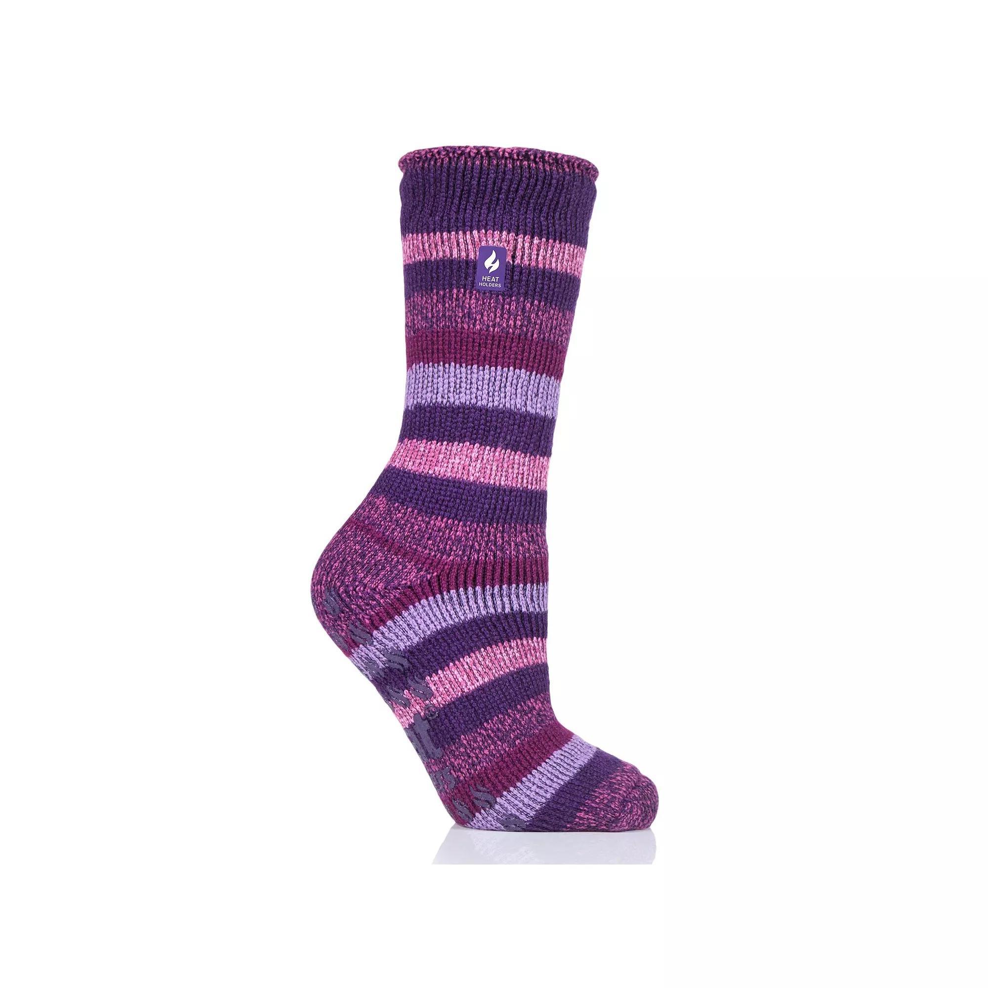 Heat Holders Women's Original 7X Warmer Stripe Crew Slipper Socks with Grippers, Purple Product Image