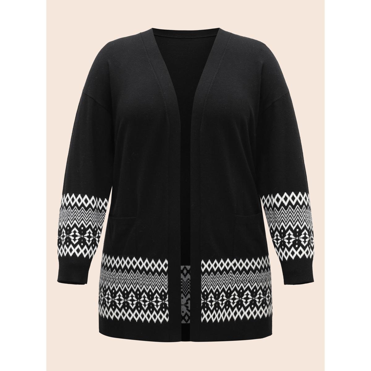 Plus Size Kimono Collar Bandana Print Pocket Cardigan Black Women Casual Loose Long Sleeve Everyday Cardigans BloomChic 10/M Product Image