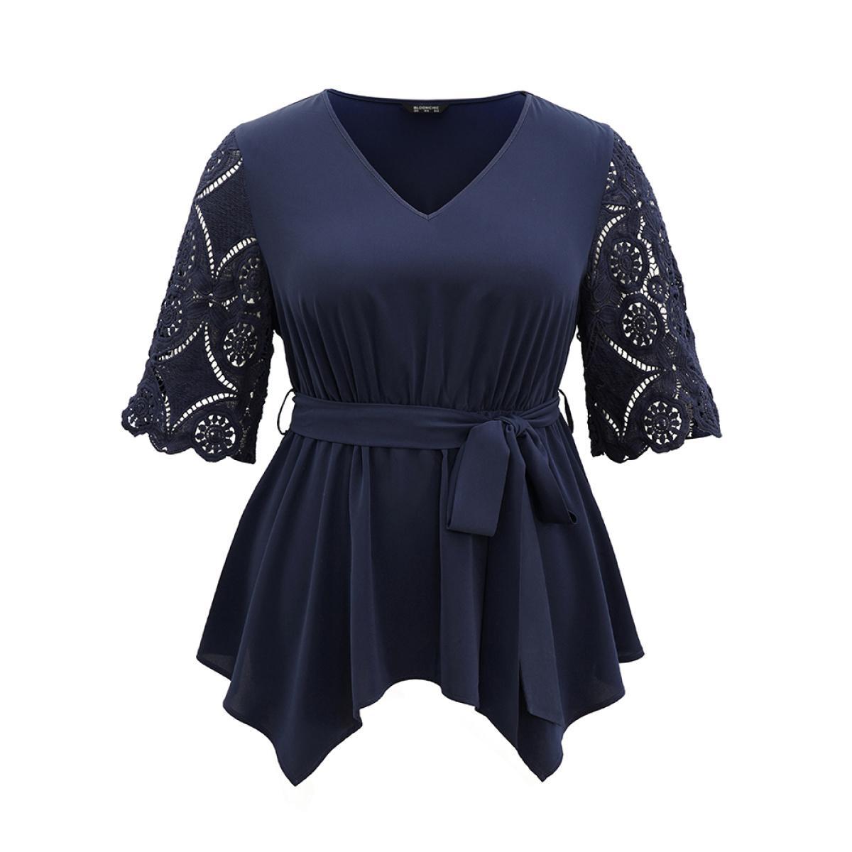 Plus Size Indigo Lace Patchwork Belted Hanky Hem Blouse Women Elegant Half Sleeve V-neck Work Blouses BloomChic 28/5X Product Image