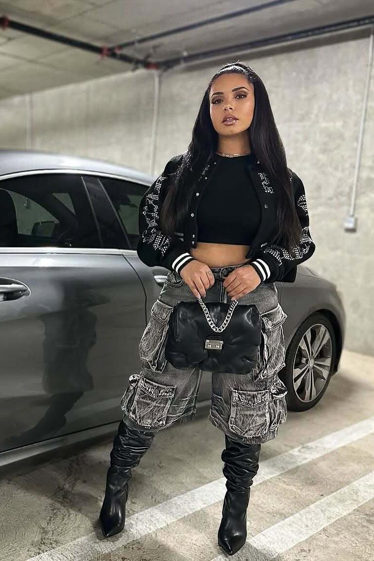 Gianni Black Crop Rhinestone Varsity Jacket Female Product Image