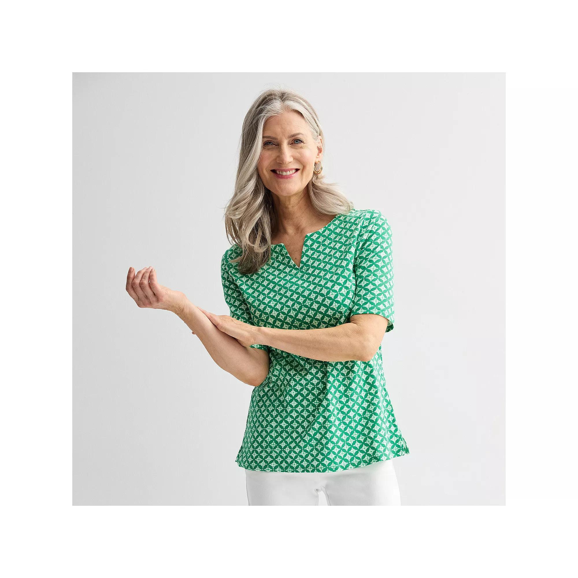 Women's Croft & Barrow® Elbow-Sleeve Splitneck Top, Size: Medium, Pink Tidy Stripe Product Image