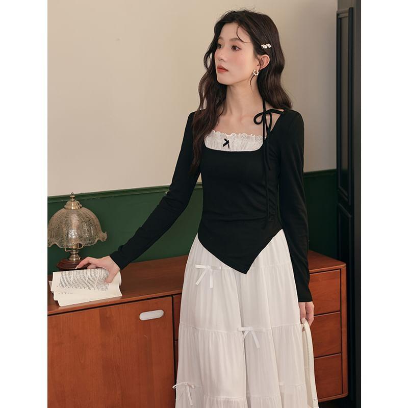 Long-Sleeve Square Neck Asymmetrical Top / High Rise Maxi A-Line Skirt Product Image
