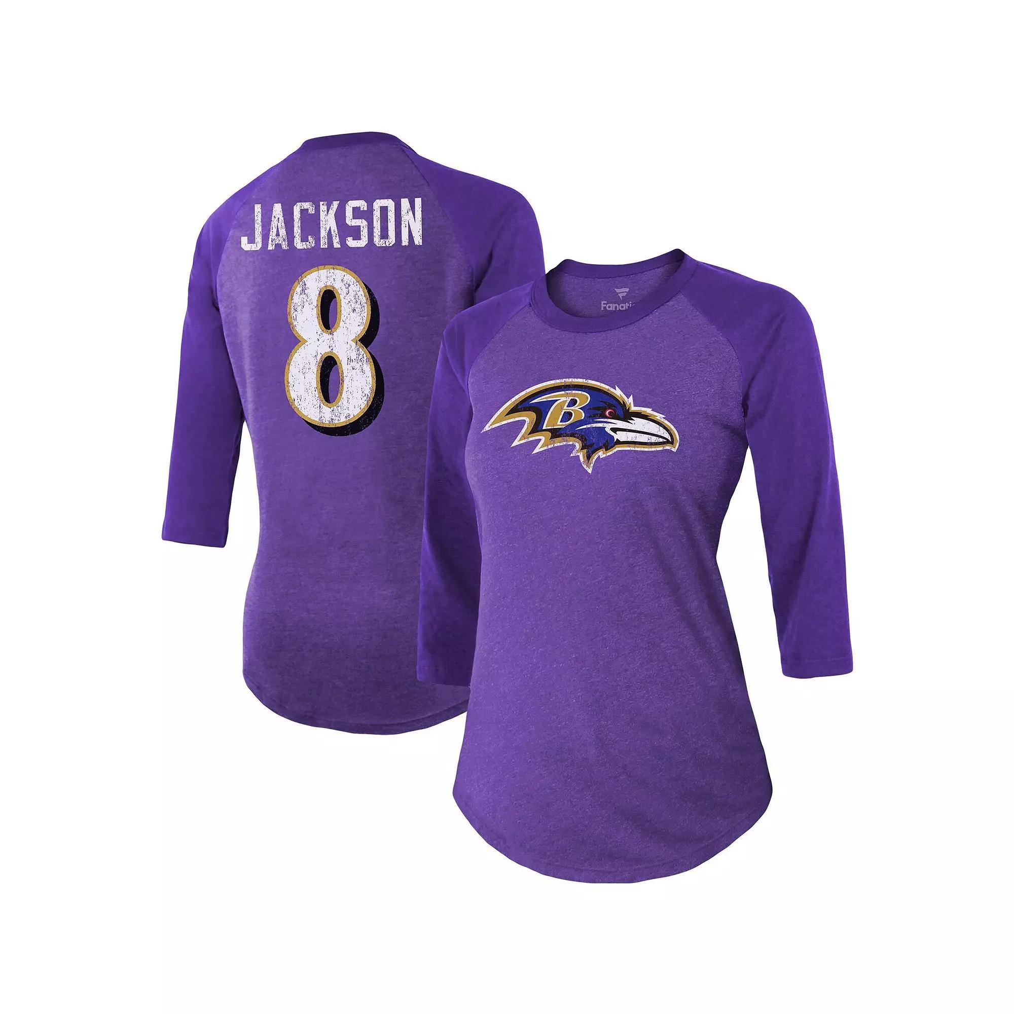 Women's Fanatics Branded Lamar Jackson Purple Baltimore Ravens Team Player Name & Number Tri-Blend Raglan 3/4-Sleeve T-Shirt, Size: Small Product Image