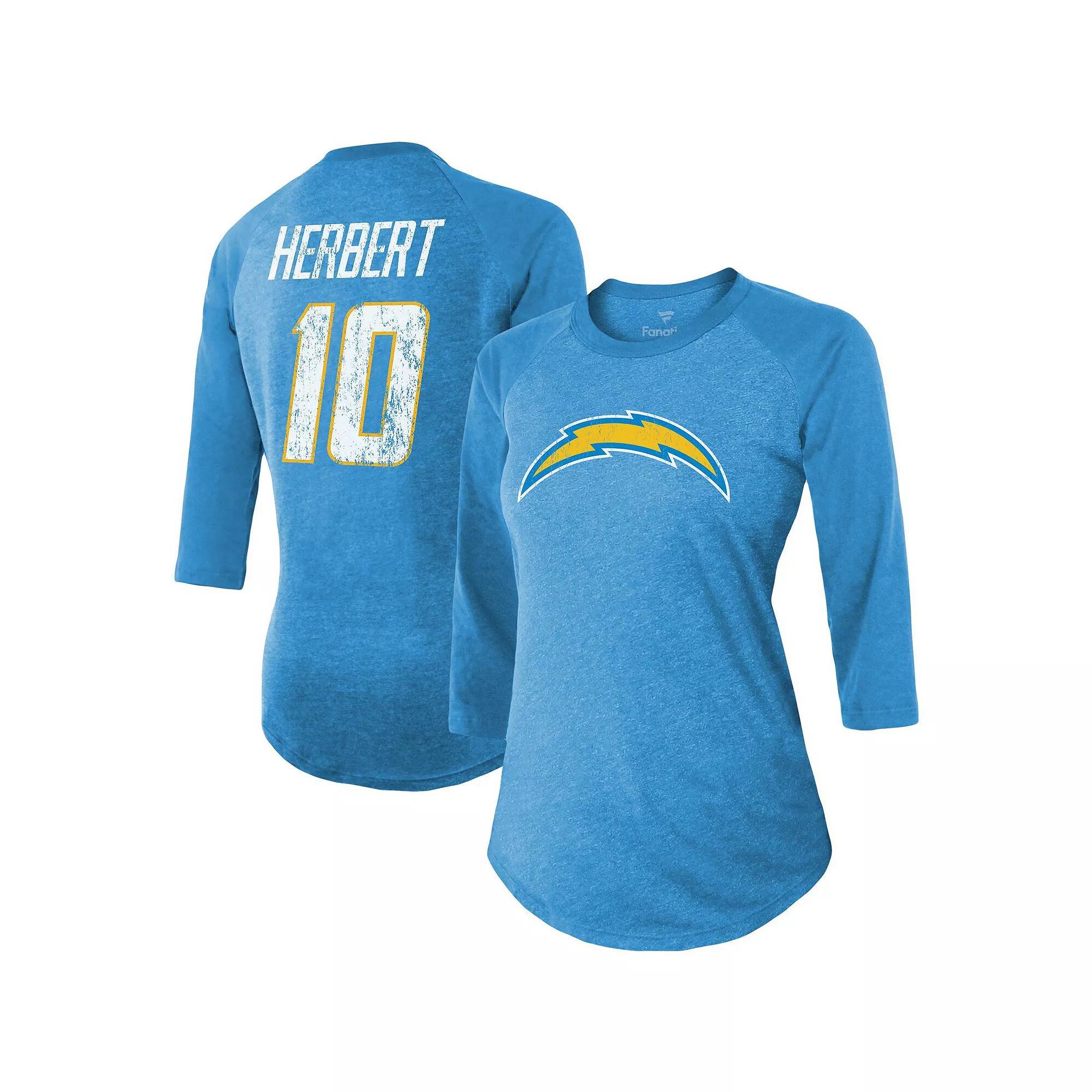 Women's Fanatics Branded Justin Herbert Powder Blue Los Angeles Chargers Team Player Name & Number Raglan 3/4-Sleeve T-Shirt, Size: XL, Light Product Image