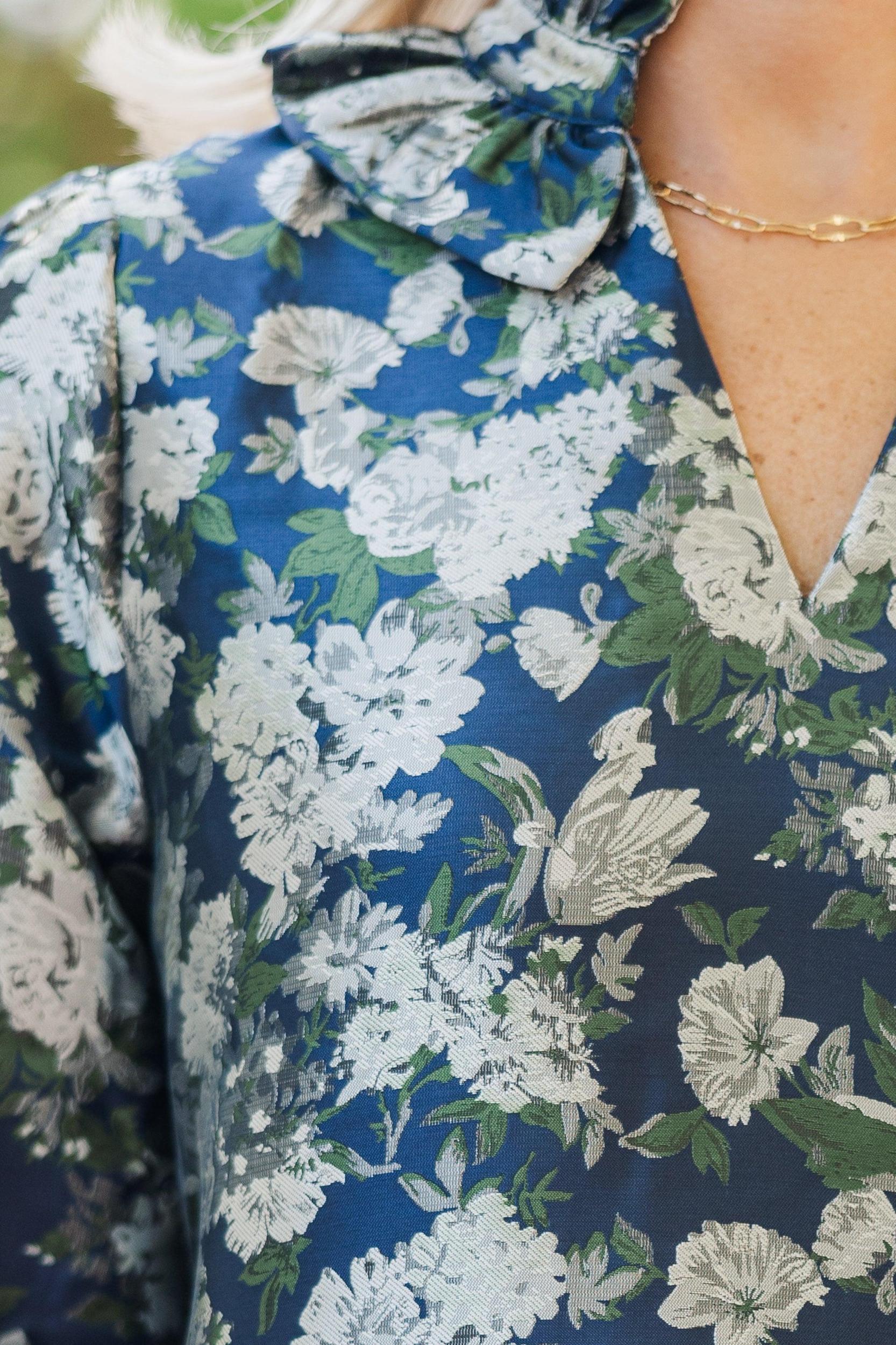 On Your Mind Navy Blue Floral Brocade Blouse Female Product Image