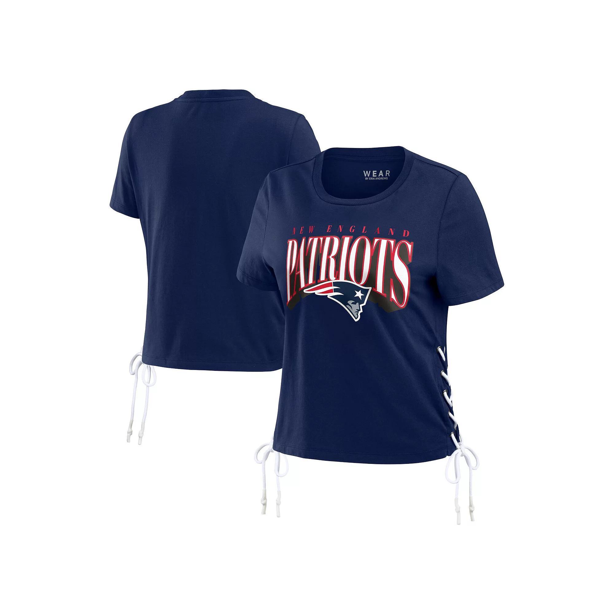 Women's WEAR by Erin Andrews Navy New England Patriots Lace Up Side Modest Cropped T-Shirt, Size: Large, Blue Product Image