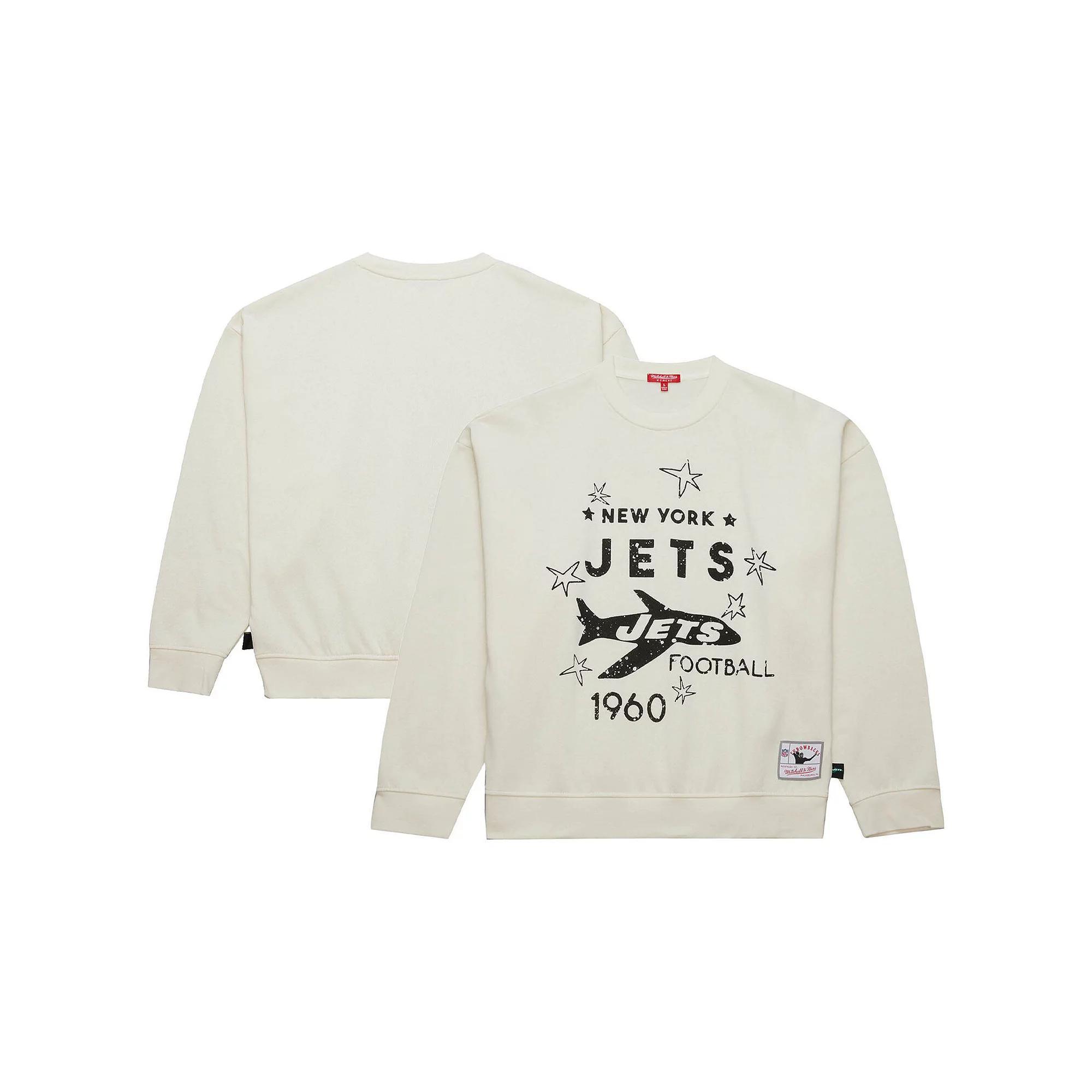 Women's Mitchell & Ness  Cream New York Jets Throwback Logo 3.0 Pullover Sweatshirt, Size: XS, Beige Product Image