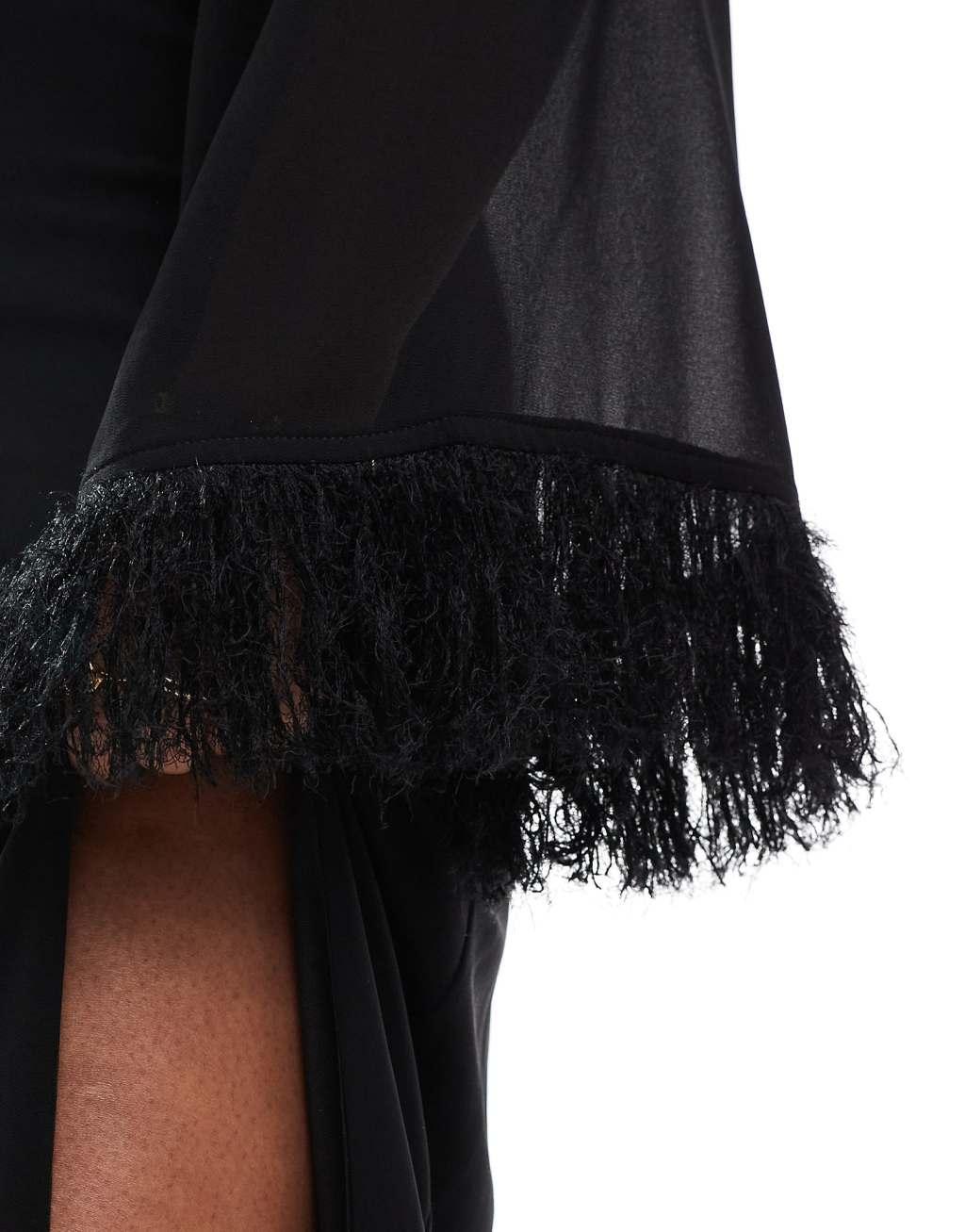 TFNC Plus long sleeve maxi dress with faux feather cuffs in black Product Image