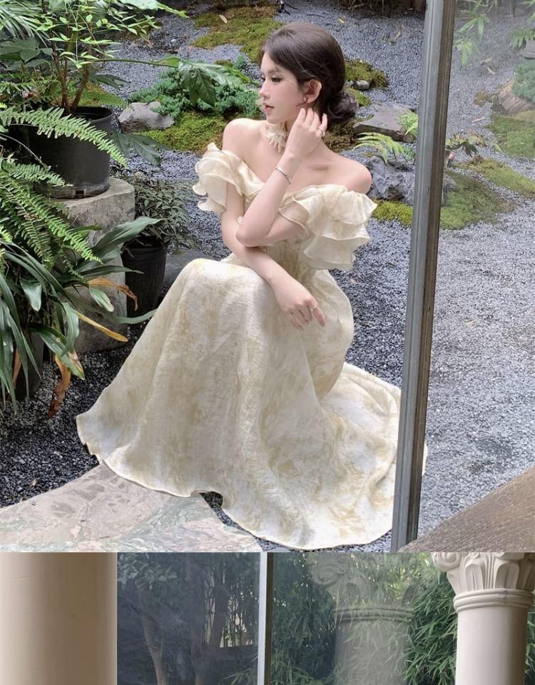 Off-Shoulder Ruffle Trim Half-Button Midi A-Line Dress Product Image