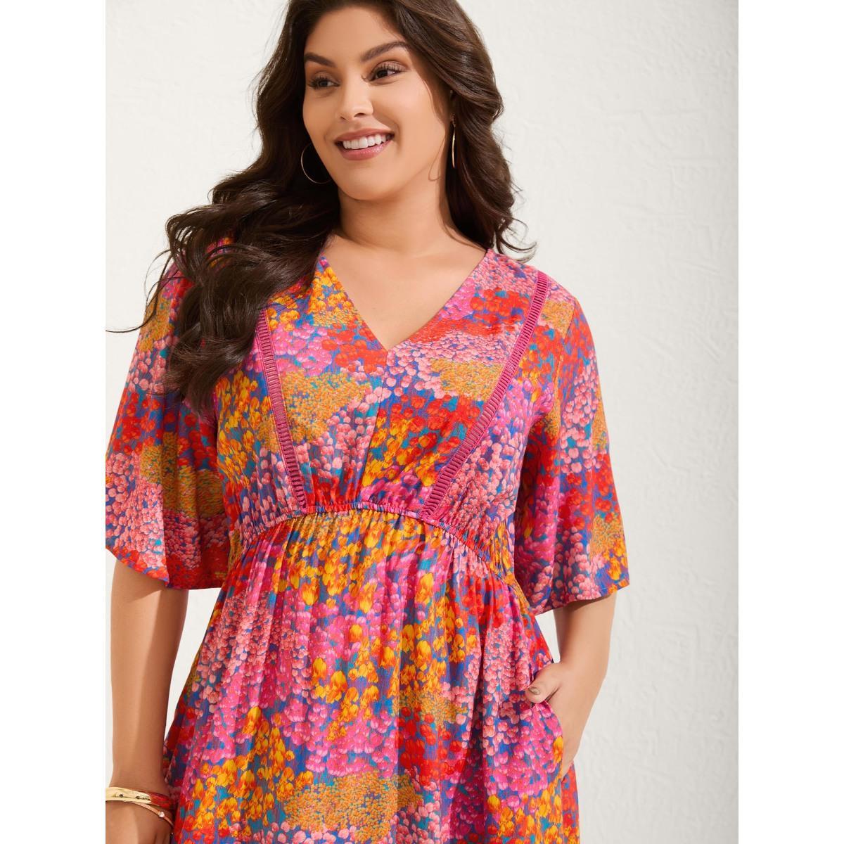 Plus Size Floral Lace Trim Flowy Sleeve Midi Dress Multicolor Women V-neck Elbow-length sleeve Curvy BloomChic 30/6X Product Image