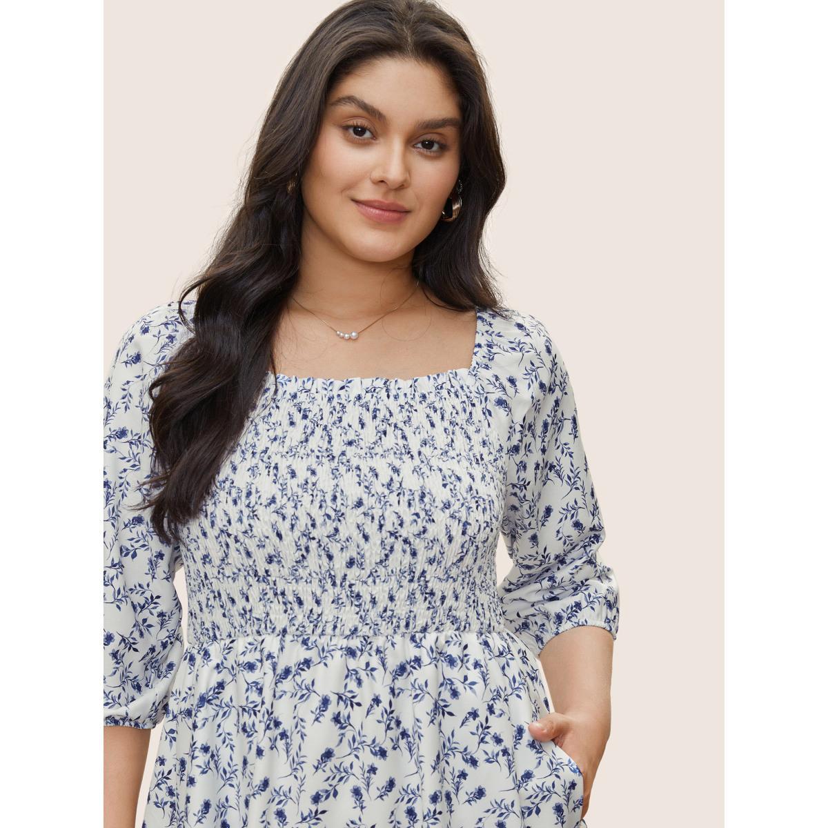 Plus Size Ditsy Floral Square Neck Shirred Lantern Sleeve Dress White Women Elegant Non Square Neck Elbow-length sleeve Curvy Midi Dress BloomChic 14-16/1X Product Image