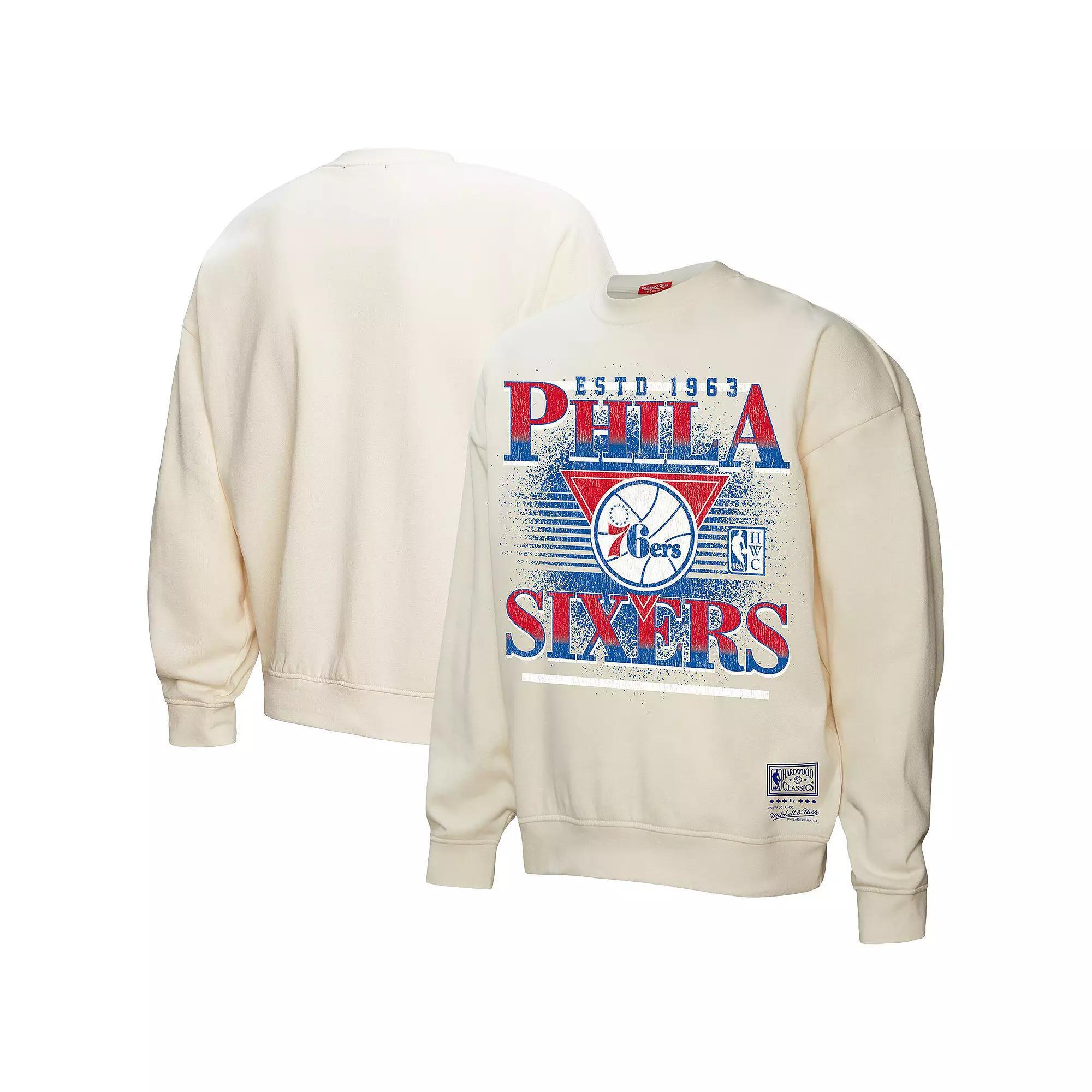 Women's Mitchell & Ness Cream Philadelphia 76ers Oversprayed Pullover Sweatshirt, Size: Medium, 76r Beige Product Image