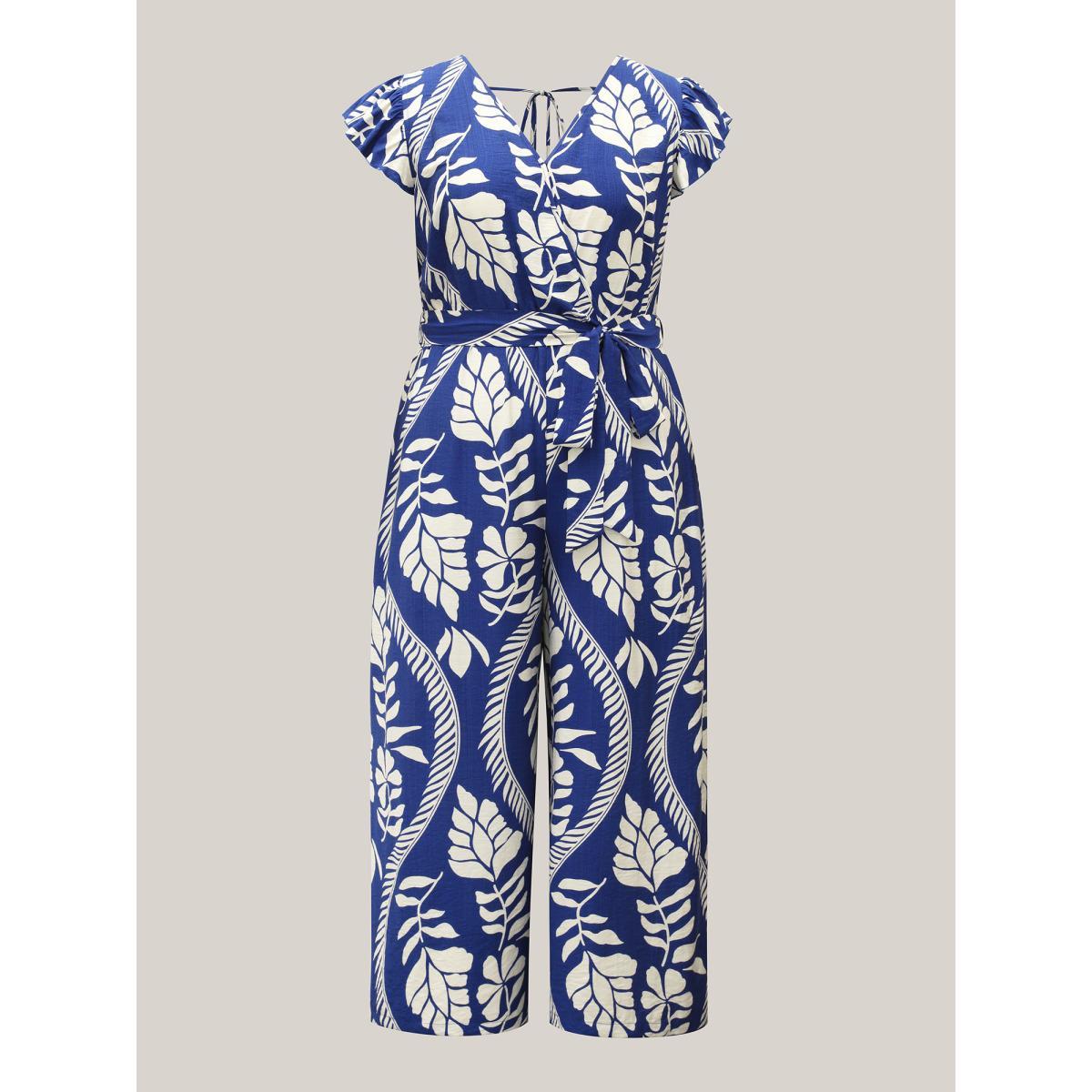 Plus Size Navy Large Floral Print Pockets Jumpsuit Women Cap Sleeve Overlap Collar Vacation Loose Jumpsuits BloomChic 12/L Product Image