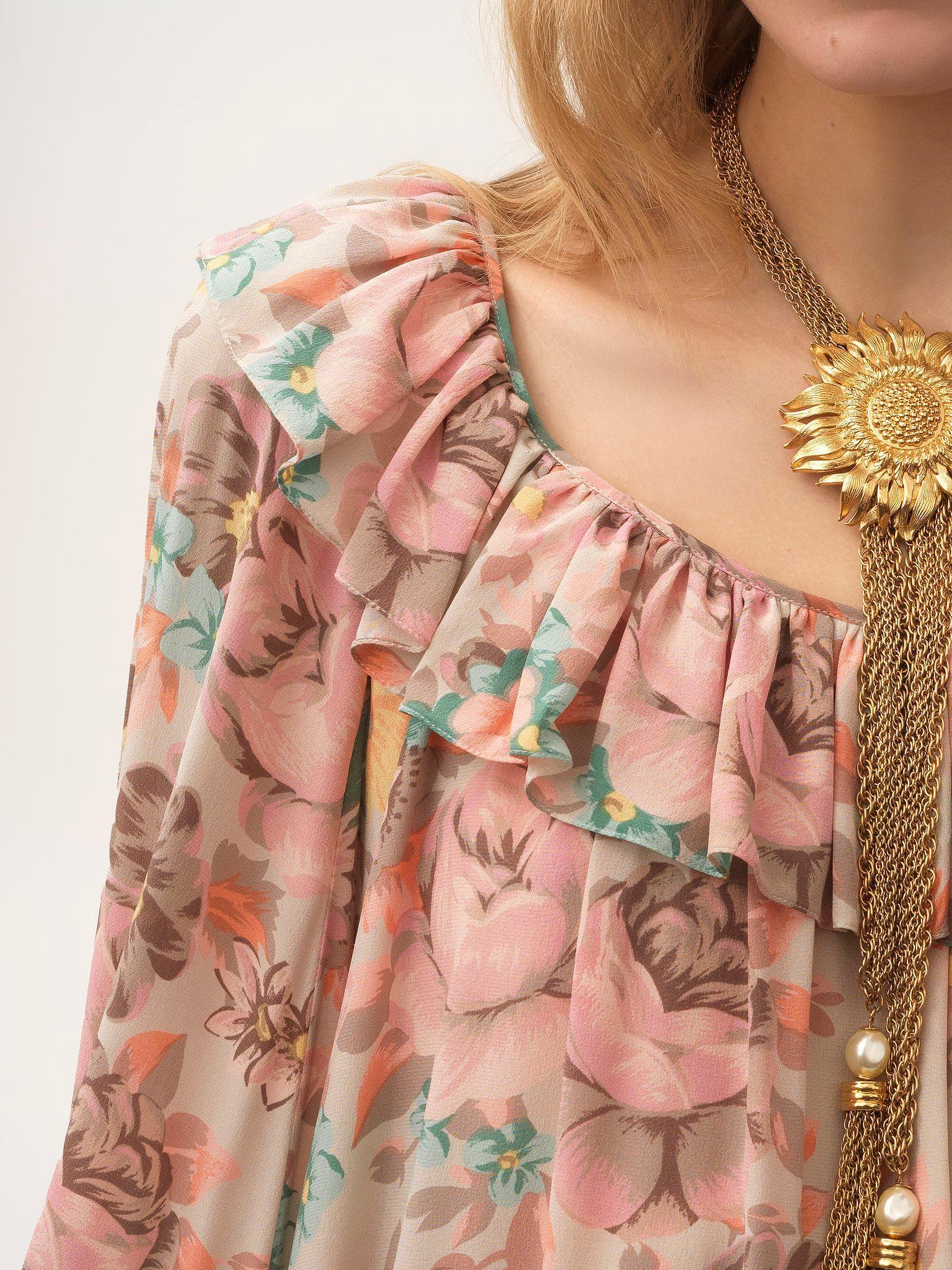 Square-neck ruffled mini dress in crêpe de chine Product Image