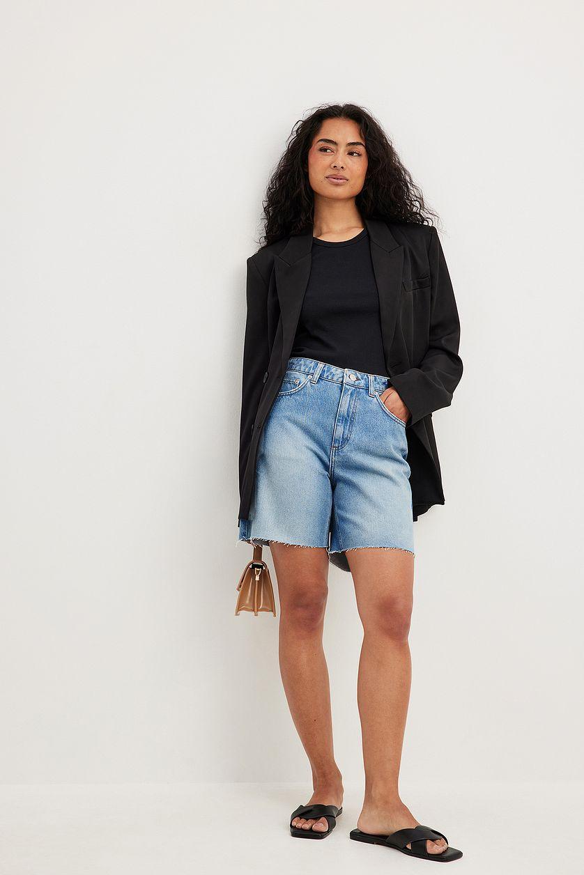 High Waist Raw Hem Denim Shorts Product Image