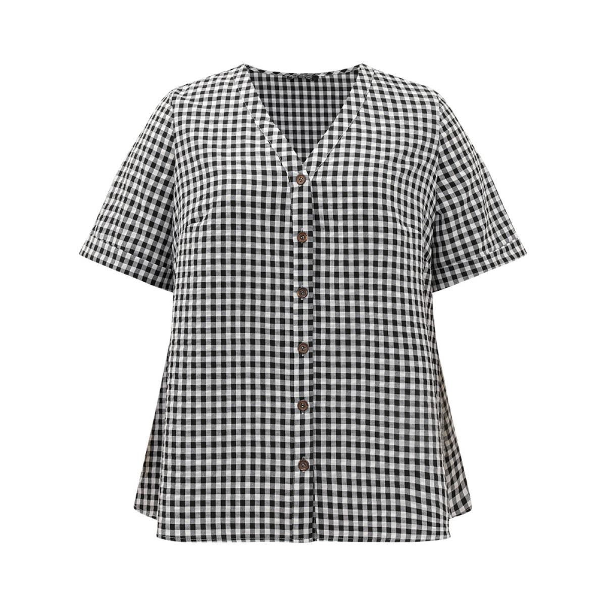 Plus Size Black Gingham V Neck Button Through Blouse Women Office Short sleeve V-neck Work Blouses BloomChic 12/L Product Image