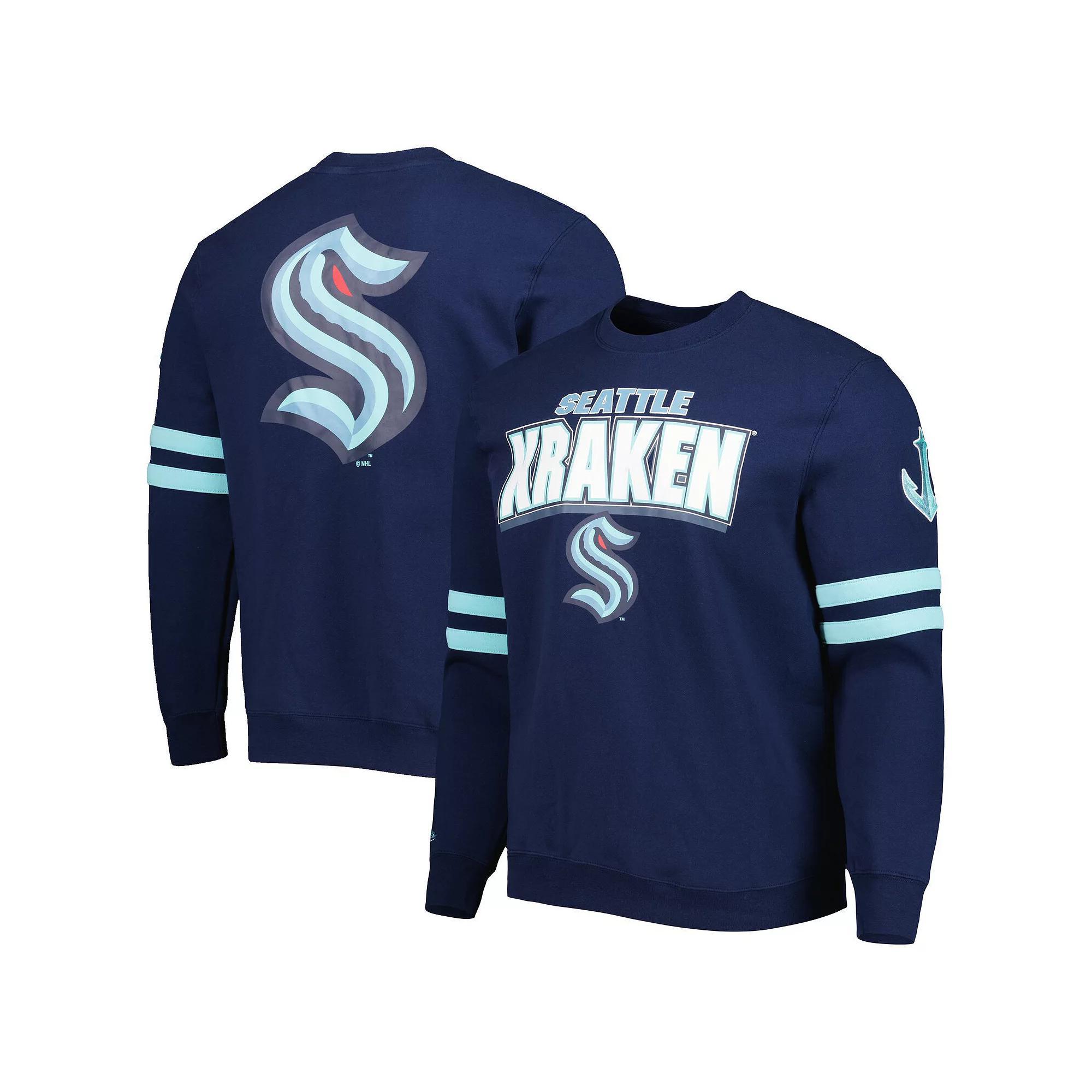Men's Mitchell & Ness Deep Sea Blue Seattle Kraken Allover Logo Pullover Sweatshirt, Size: Medium, Krk Blue Product Image