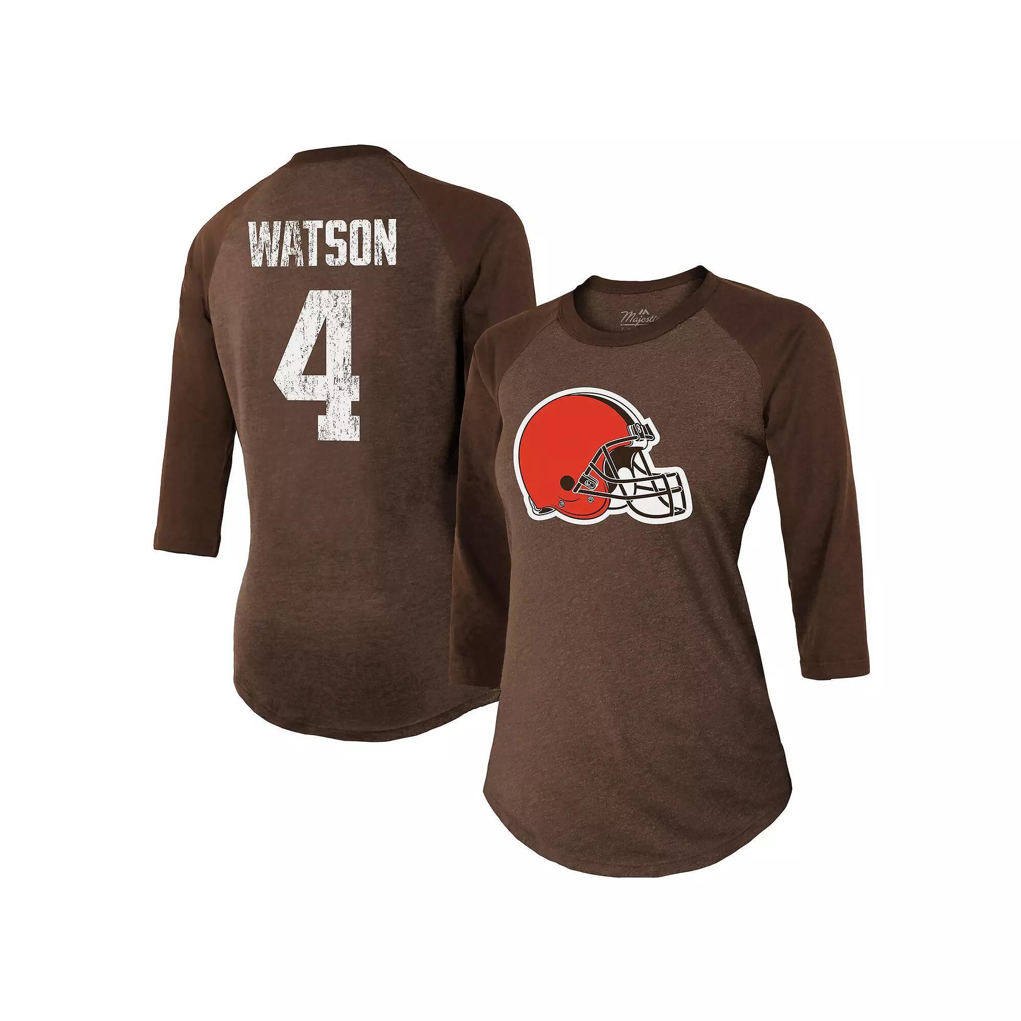 Women's Majestic Threads Deshaun Watson Brown Cleveland Browns Name & Number Raglan 3/4 Sleeve T-Shirt, Size: 2XL Product Image