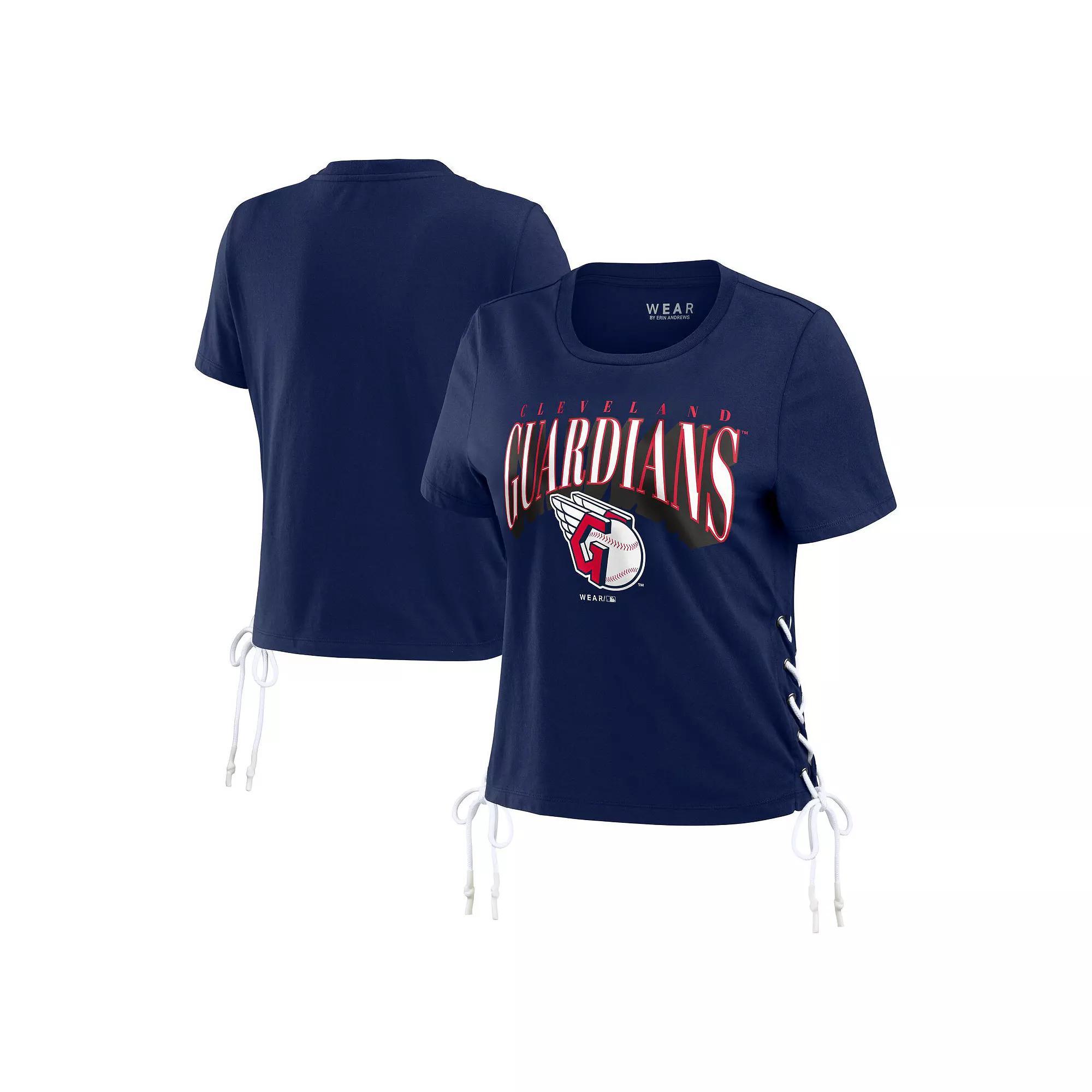 Women's WEAR by Erin Andrews Navy Cleveland Guardians Side Lace-Up Cropped T-Shirt, Size: Large, Grd Blue Product Image