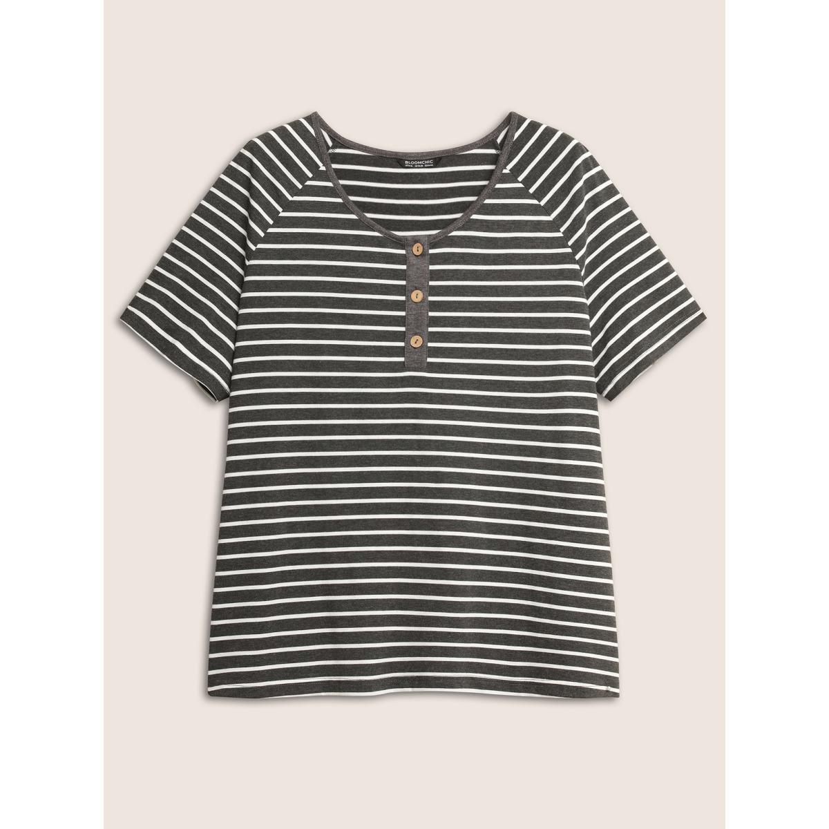Plus Size Striped Button Up Raglan Sleeve T-shirt Gray Women Casual Contrast Striped Round Neck Everyday T-shirts BloomChic 28/5X Product Image