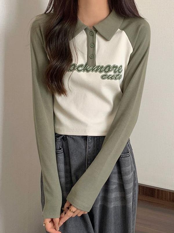Print Raglan Polo Neck Long Sleeve Tee Product Image