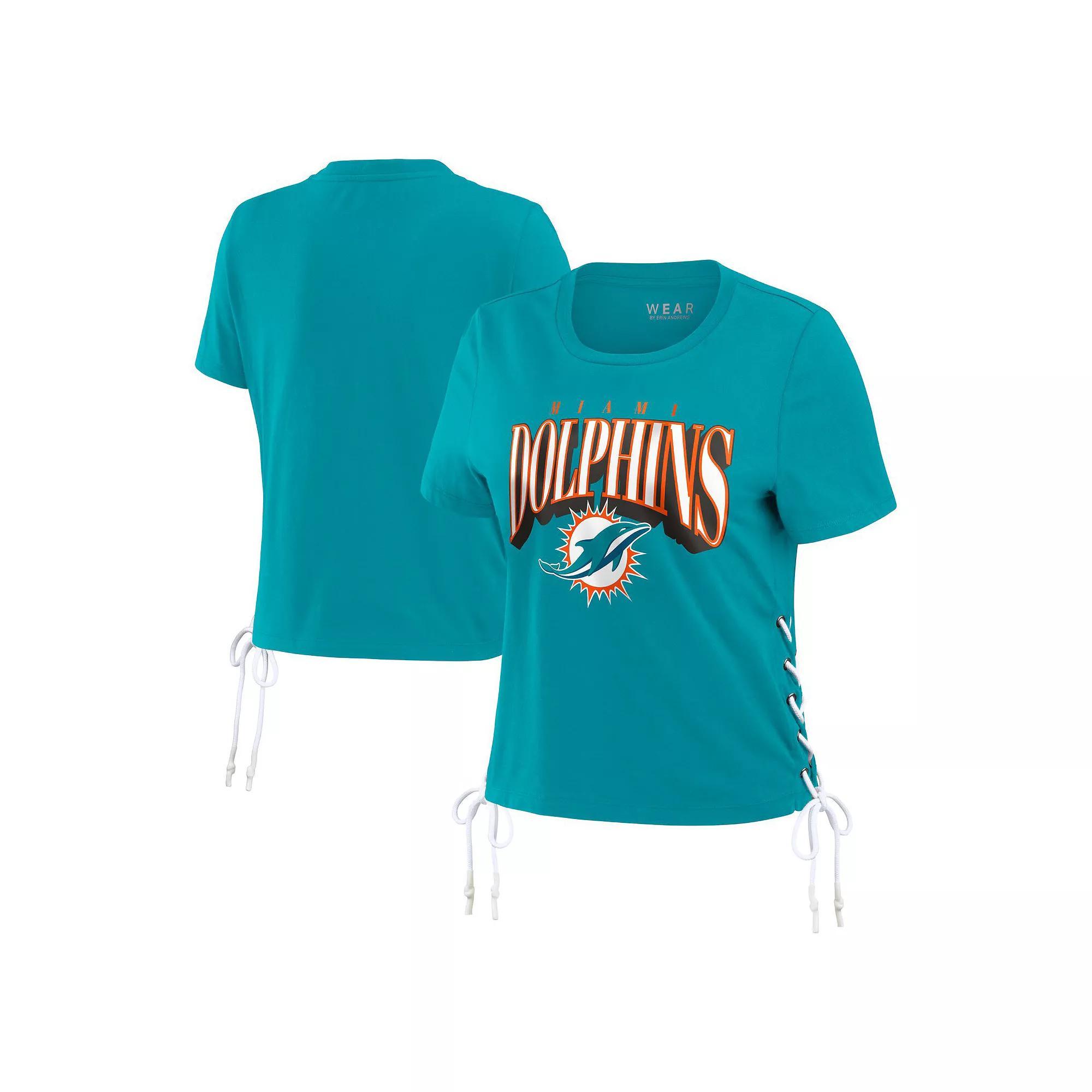 Women's WEAR by Erin Andrews Aqua Miami Dolphins Lace Up Side Modest Cropped T-Shirt, Size: Large, Turquoise A Product Image
