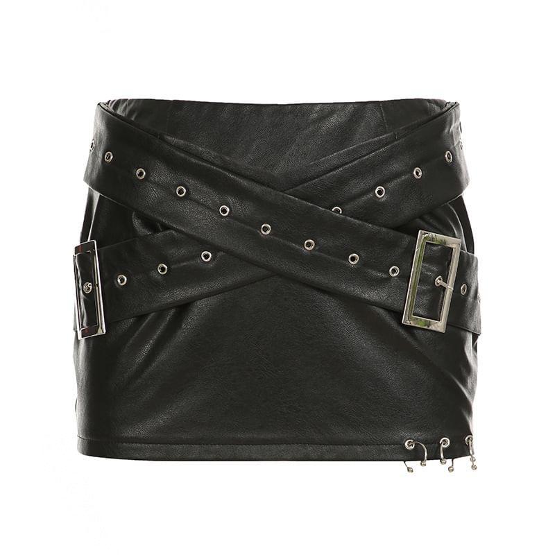 Mid Rise Faux Leather Buckled Detail Mini Pencil Skirt / Crop Cami Top Product Image