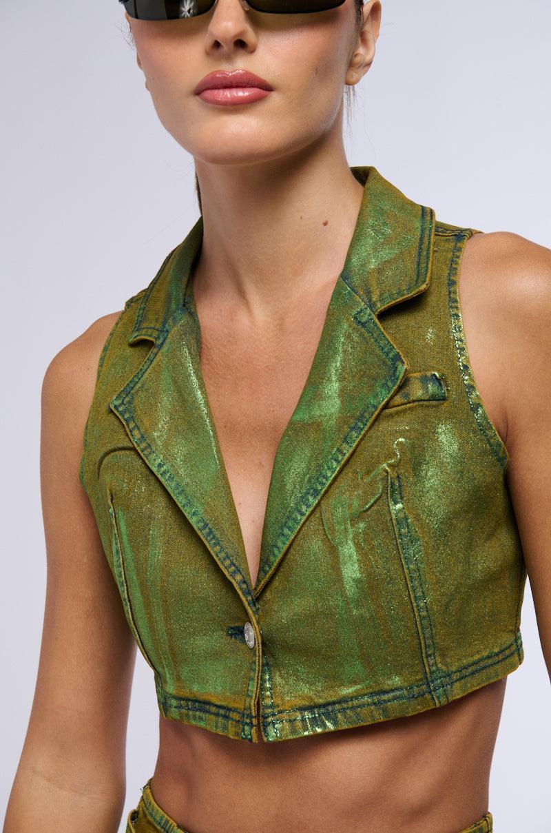 SHES GLOWING METALLIC DENIM HALTER TOP Product Image
