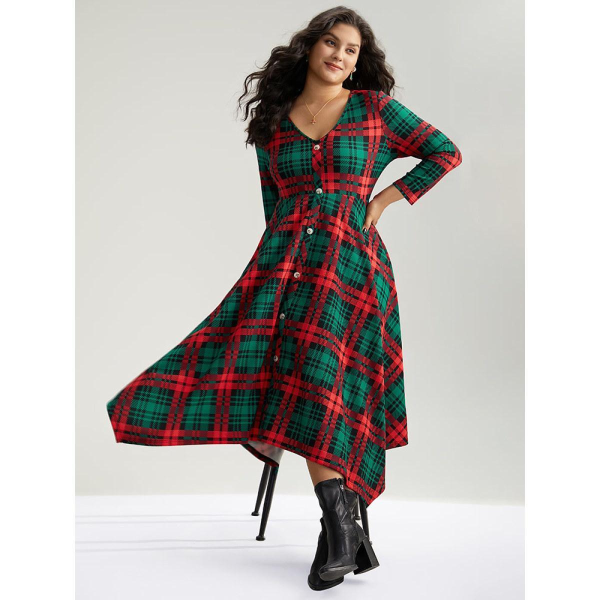Plus Size Christmas Plaid Button Detail Hanky Hem Dress DarkGreen Women Casual Printed V-neck Long Sleeve Curvy Midi Dress BloomChic 22-24/3X Product Image