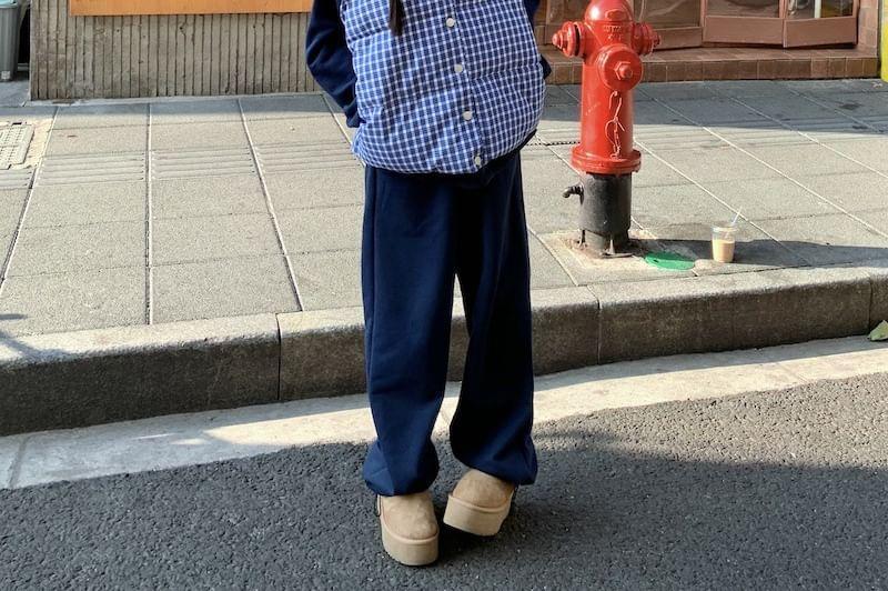 Collar Plaid Padded Button Vest / Plain Hoodie / Loose Fit Sweatpants Product Image