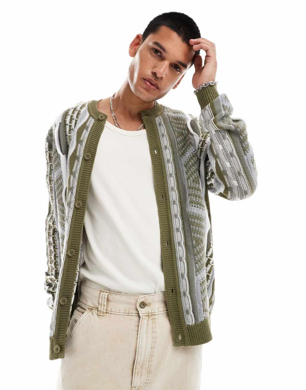 ASOS DESIGN relaxed cable knit crew neck cardigan in textured green stripe Product Image