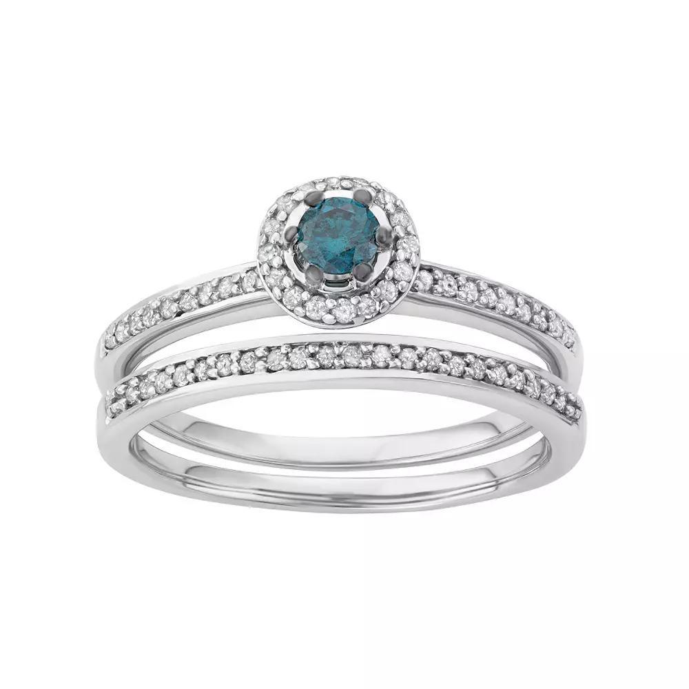 10k White Gold 1/2 Carat T.W. Blue & White Diamond Halo Engagement Ring Set, Women's, Size: 8 Product Image