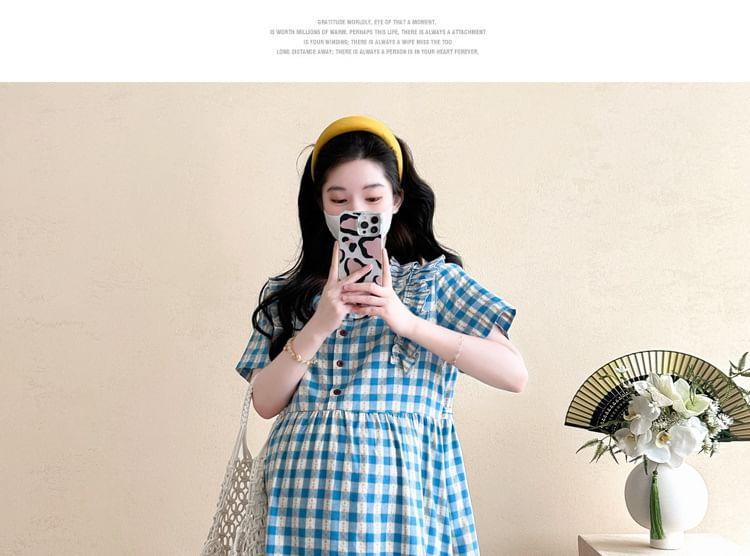 Maternity Round Neck Plaid Ruffle Trim Midi A-Line Dress Product Image