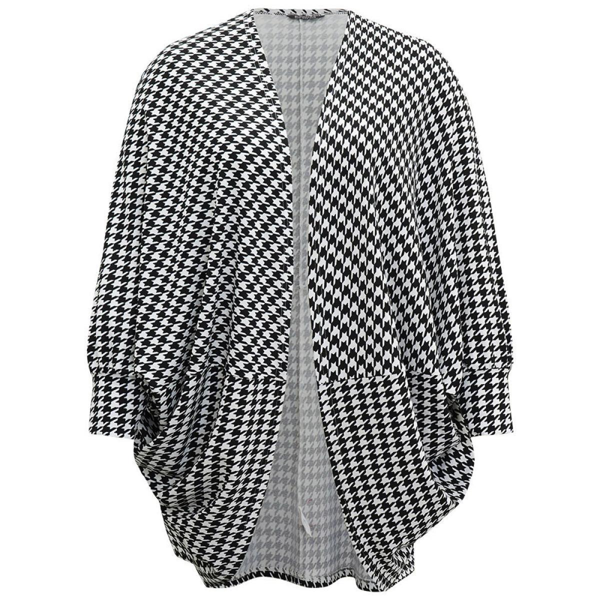 Plus Size Houndstooth Asymmetrical Hem Dolman Sleeve Kimono Women Black Casual Asymmetrical Loose Dailywear Kimonos BloomChic 28/5X Product Image