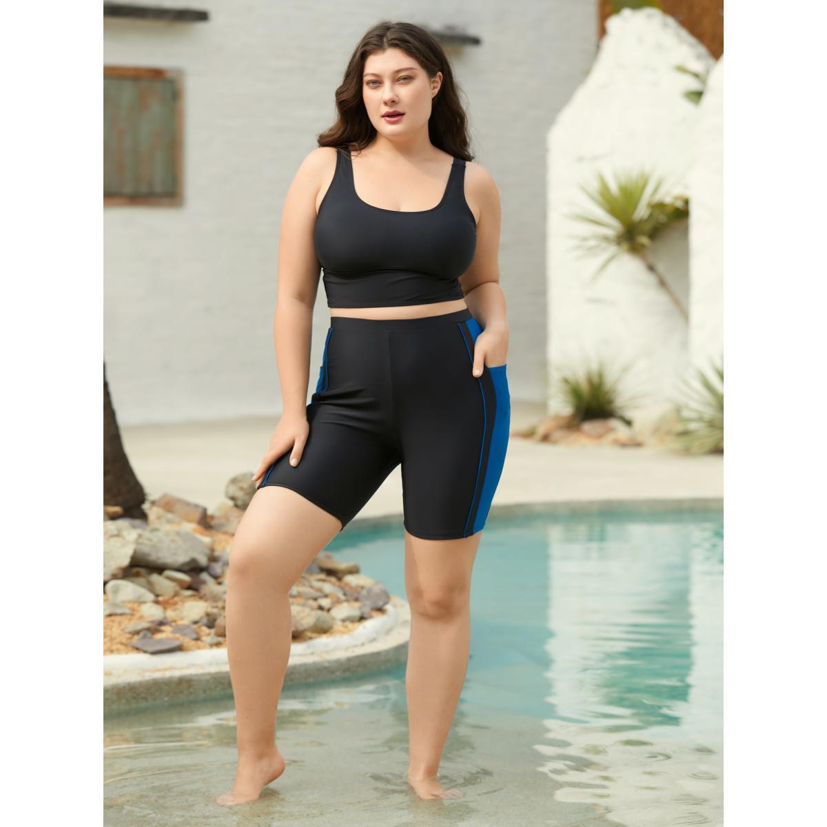 Plus Size Color Block Spliced Pockets Swim Bottoms Women's Swimwear Cerulean Beach Contrast High stretch Skinny High Rise Side seam pocket Curve Swim Bottoms BloomChic 26/4X Product Image