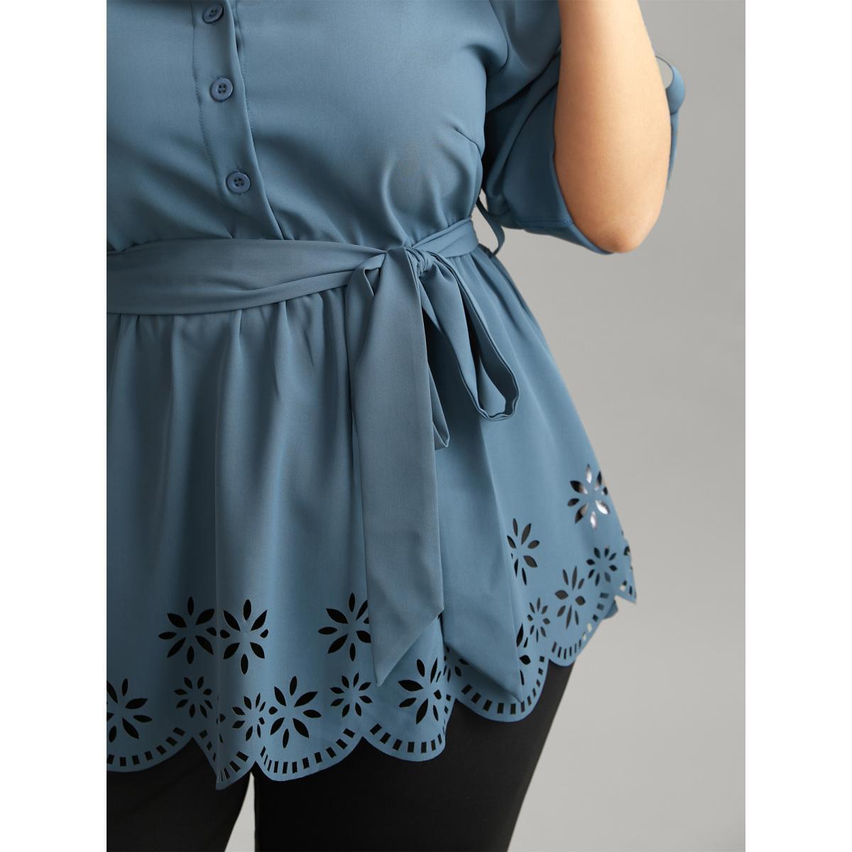 Plus Size Stone Static-Free Laser Cut Belted Scalloped Trim Blouse Women Office Long Sleeve Shirt collar Work Blouses BloomChic 22-24/3X Product Image