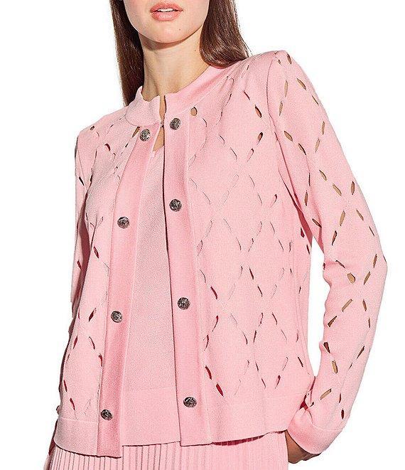 Ming Wang Soft Knit Diamond Cut-Out Round Neck Long Sleeve Jacket Product Image