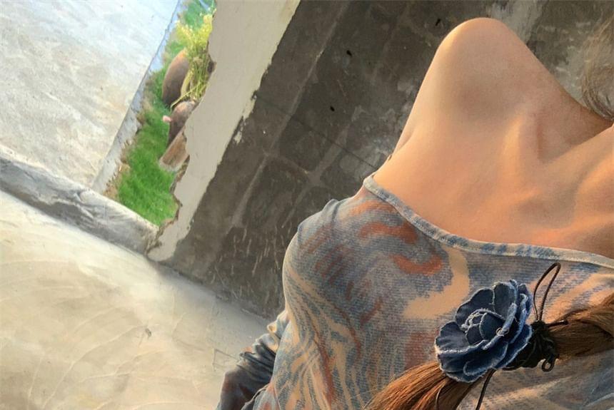 Long-Sleeve Off-Shoulder Tie Dye Asymmetrical Mesh Slim Fit Top Product Image