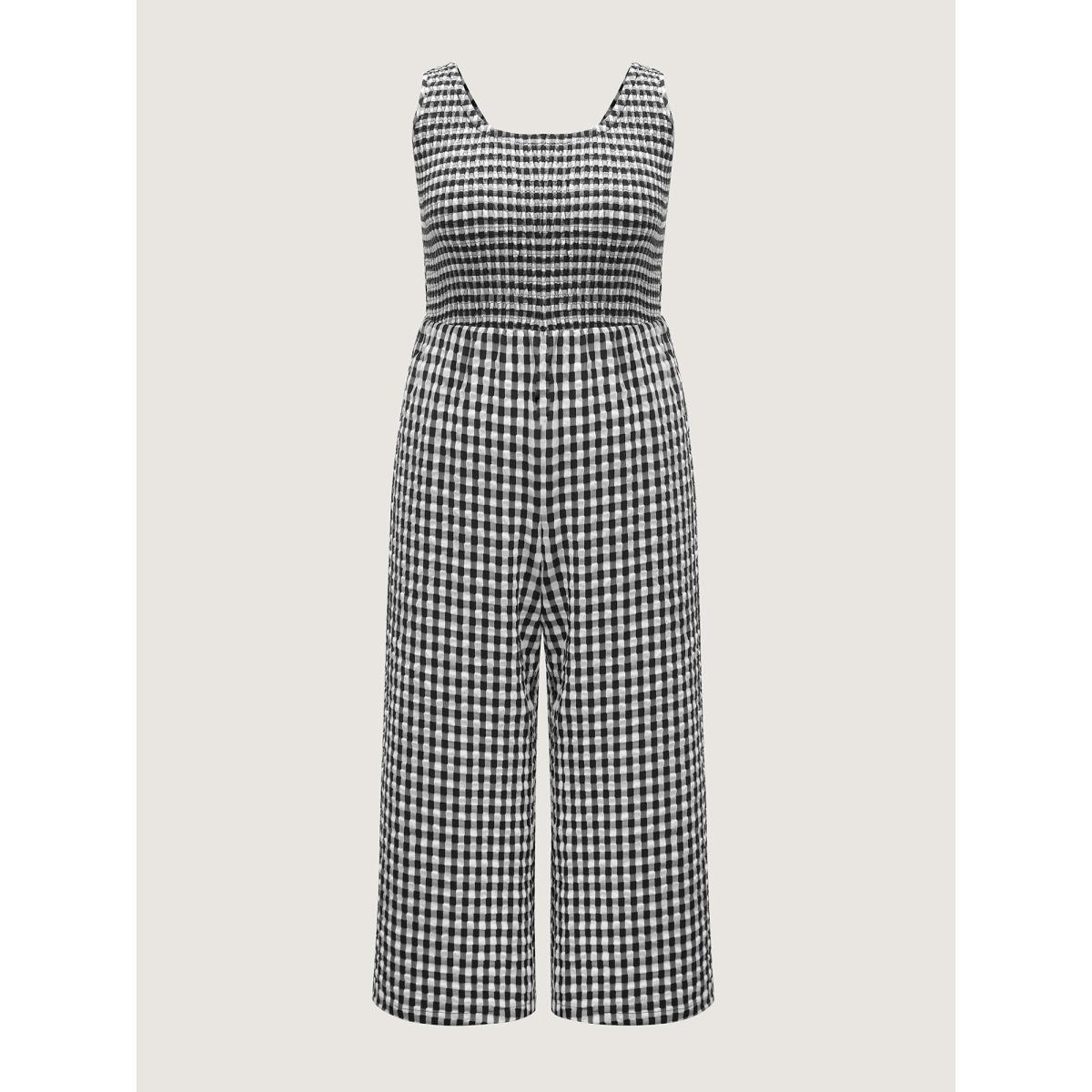 Plus Size Black Gingham Print Shirred Straight-Leg Jumpsuit Women Sleeveless U-neck Everyday-Casual Loose Jumpsuits BloomChic 22-24/3X Product Image