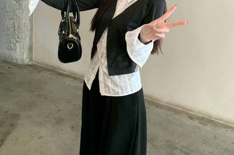 Mock Two-Piece Long-Sleeve Two Tone Slim Fit Shirt / High Waist Plain Wide Leg Pants Product Image