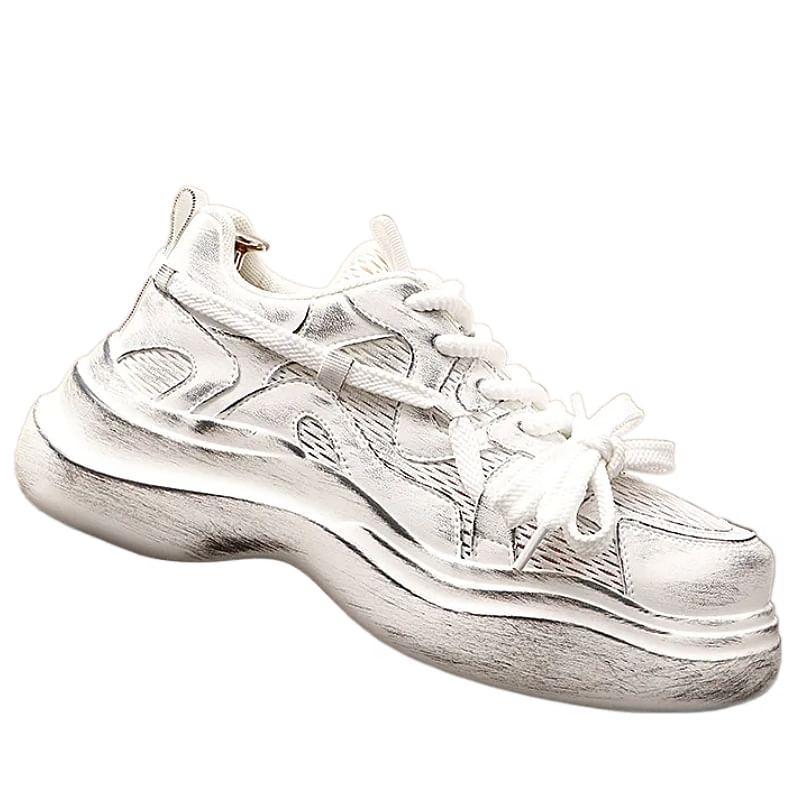 Platform Mesh Panel Lace-Up Faux Leather Sneakers Product Image