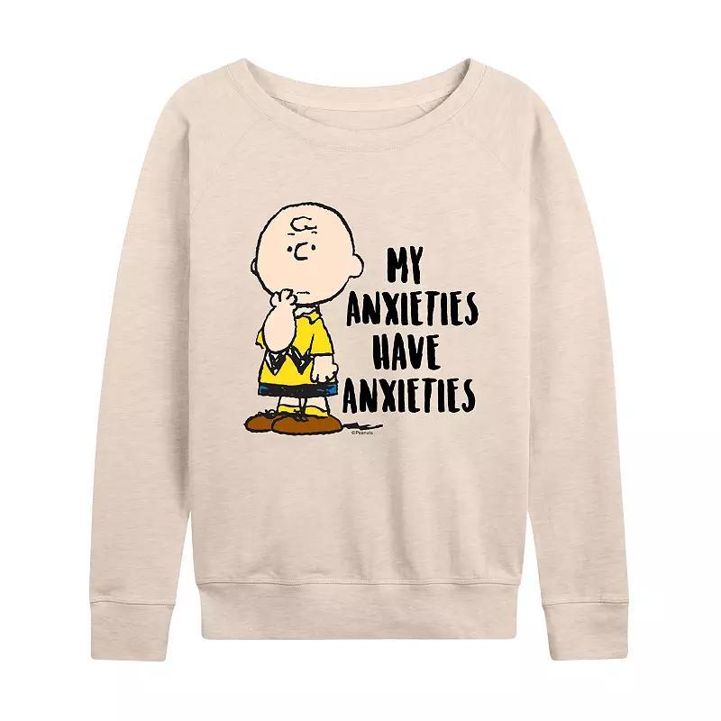 Womens Peanuts Charlie Brown Anxieties French Terry Long Sleeve Tee, Girls Grey Green Product Image