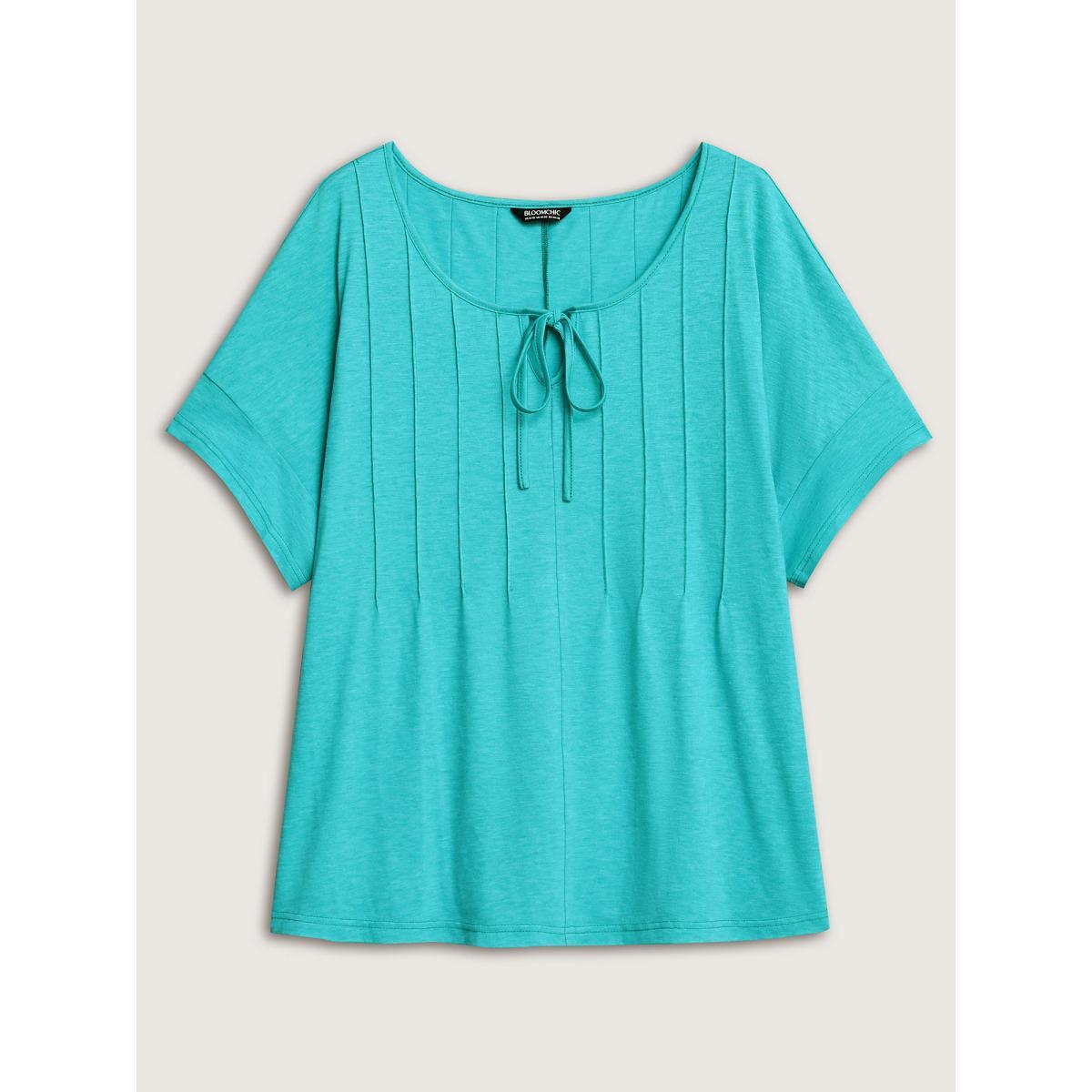 Plus Size Pleated Neck-Tie Solid T-Shirt Arctic Women Tucked seam Round Neck Everyday-Casual T-shirts BloomChic 12/L Product Image