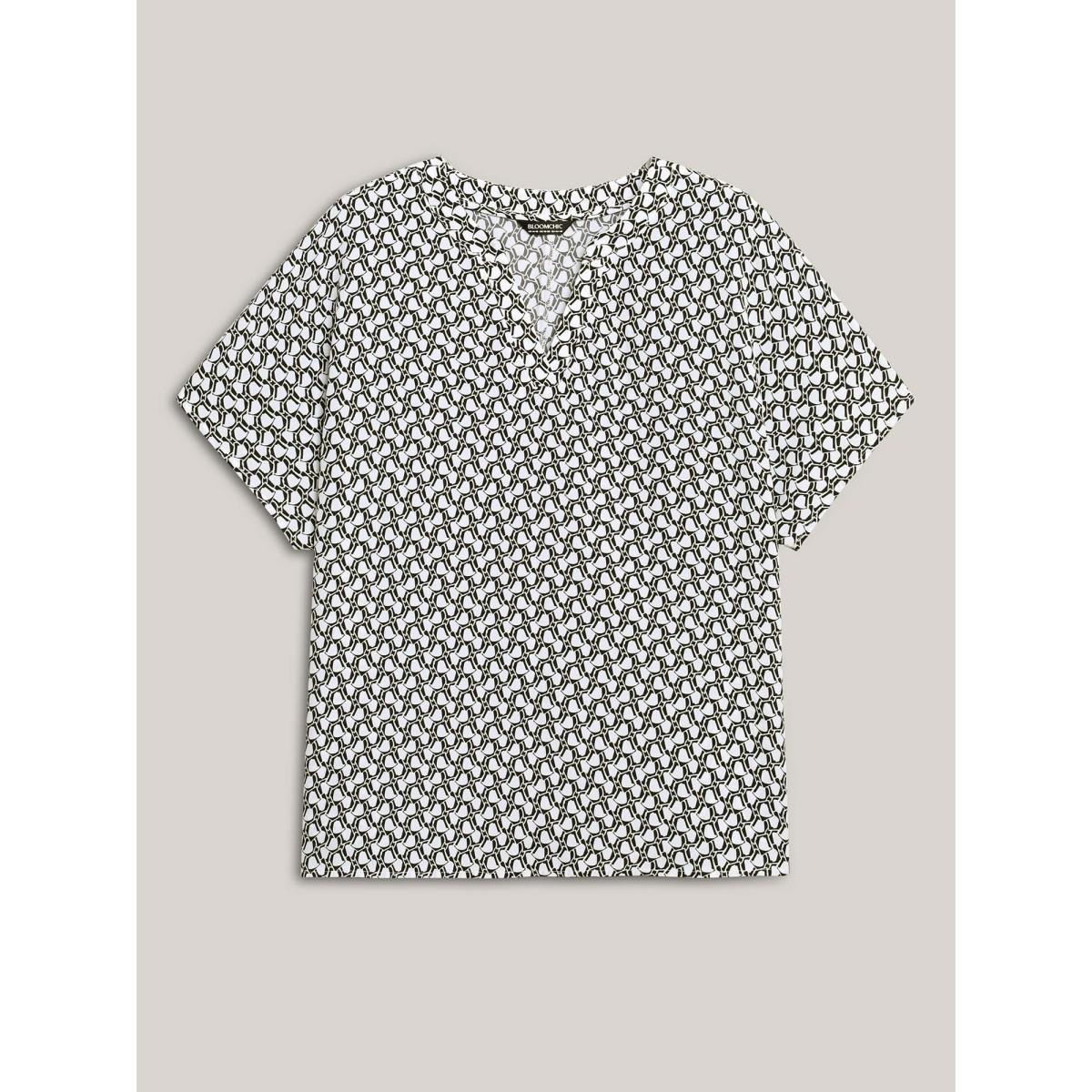 Plus Size Black Geometric Print Notched Collar Blouse Women Short sleeve Notched collar Work Blouses BloomChic 12/L Product Image