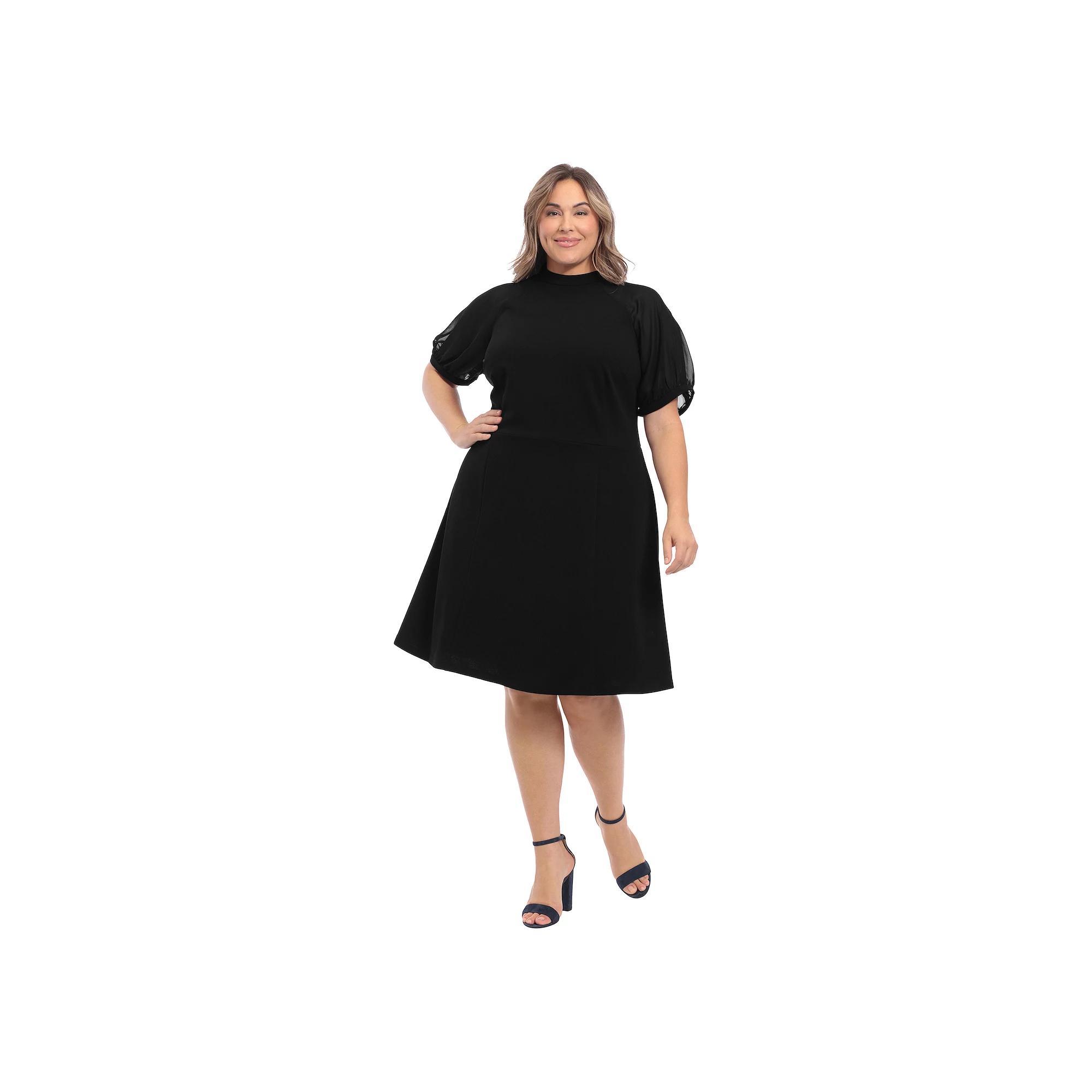 Plus Size London Times Mockneck Sheer Raglan Fit & Flare Dress, Women's, Size: 22 W, Black Product Image