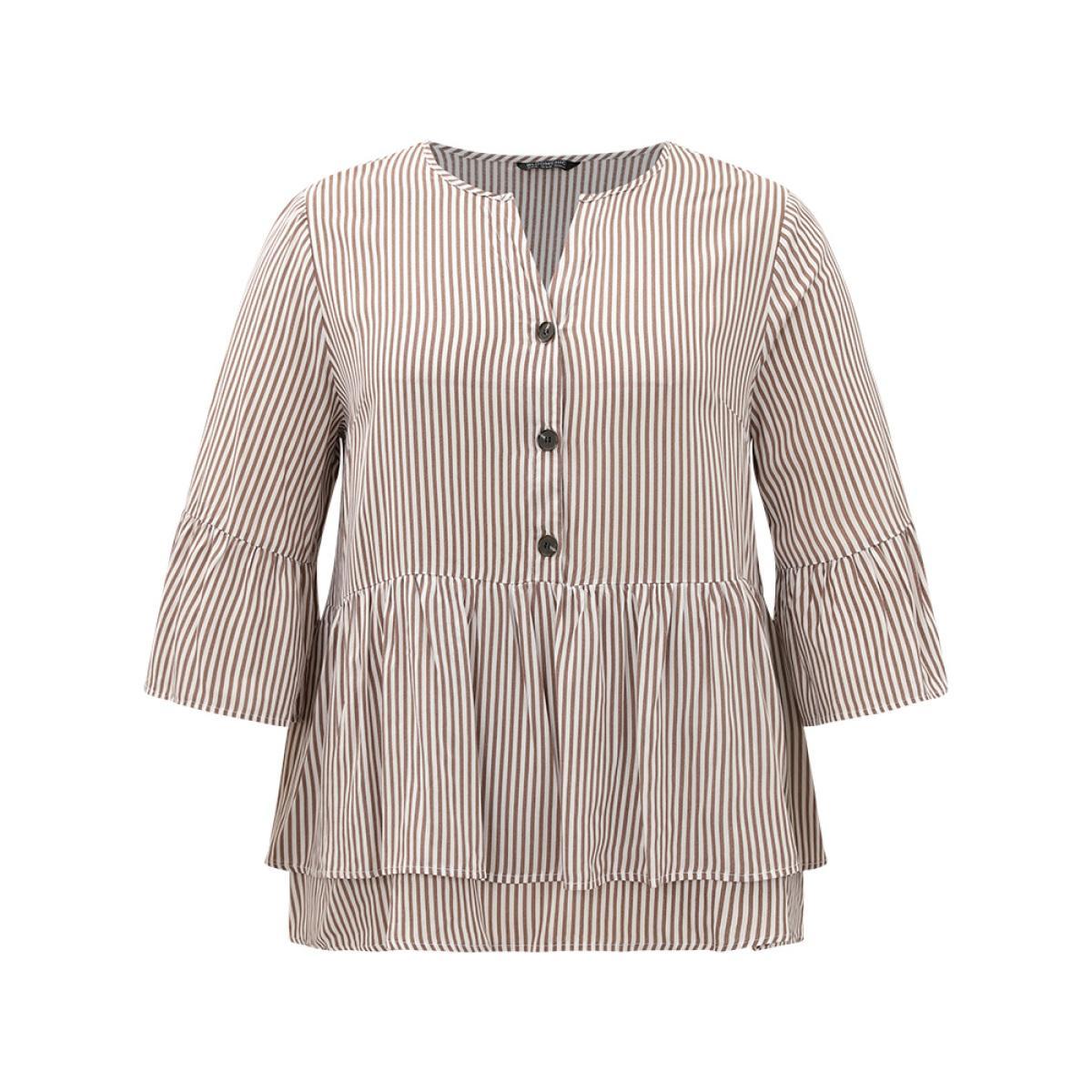 Plus Size Multicolor Striped Button Up Ruffles Bell Sleeve Blouse Women Office Elbow-length sleeve V-neck Work Blouses BloomChic 10/M Product Image