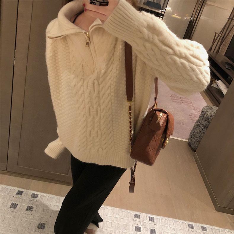 Stand Collar Plain Cable Knit Half-Zip Sweater Product Image