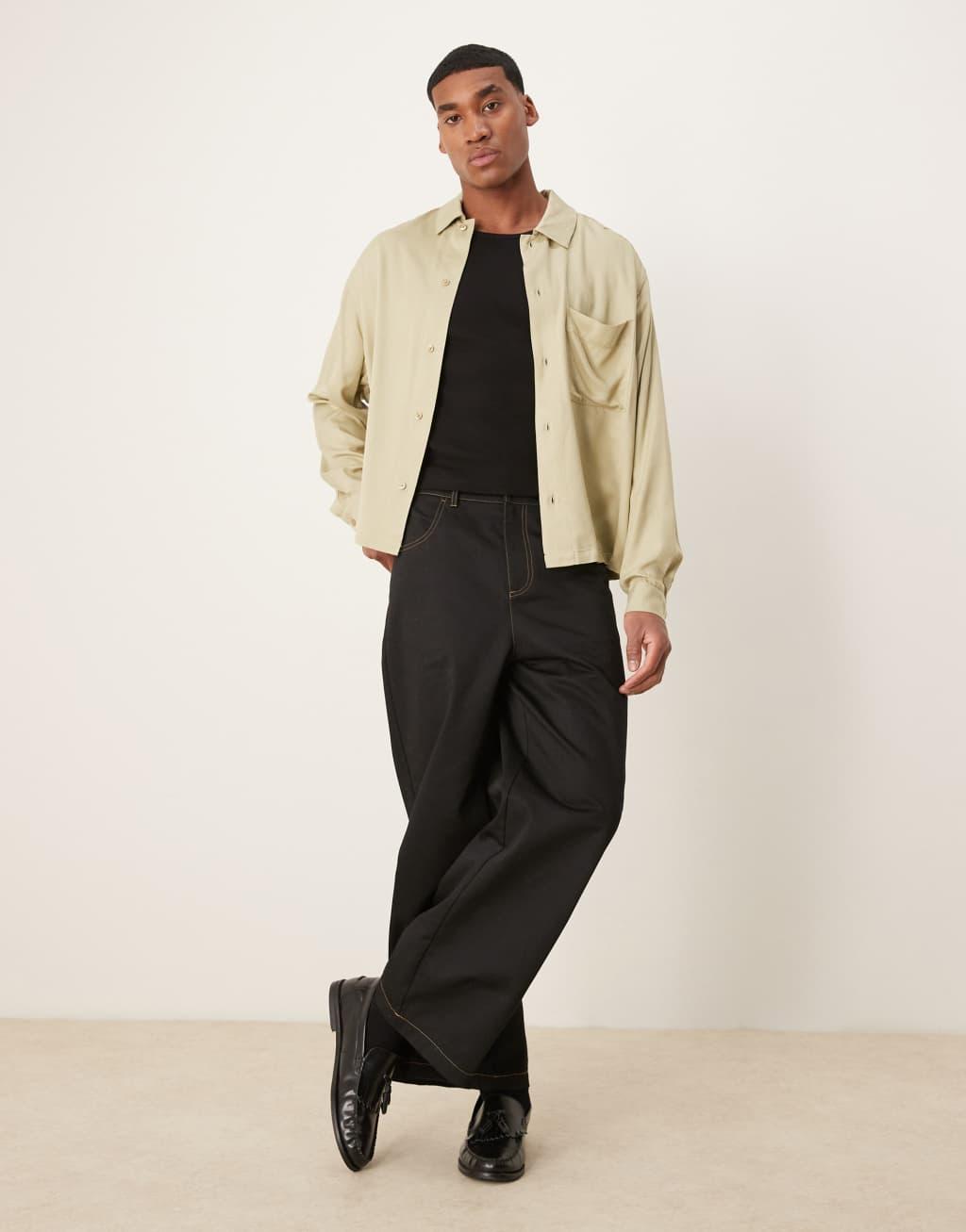 ASOS DESIGN viscose oversized boxy shirt in khaki Product Image